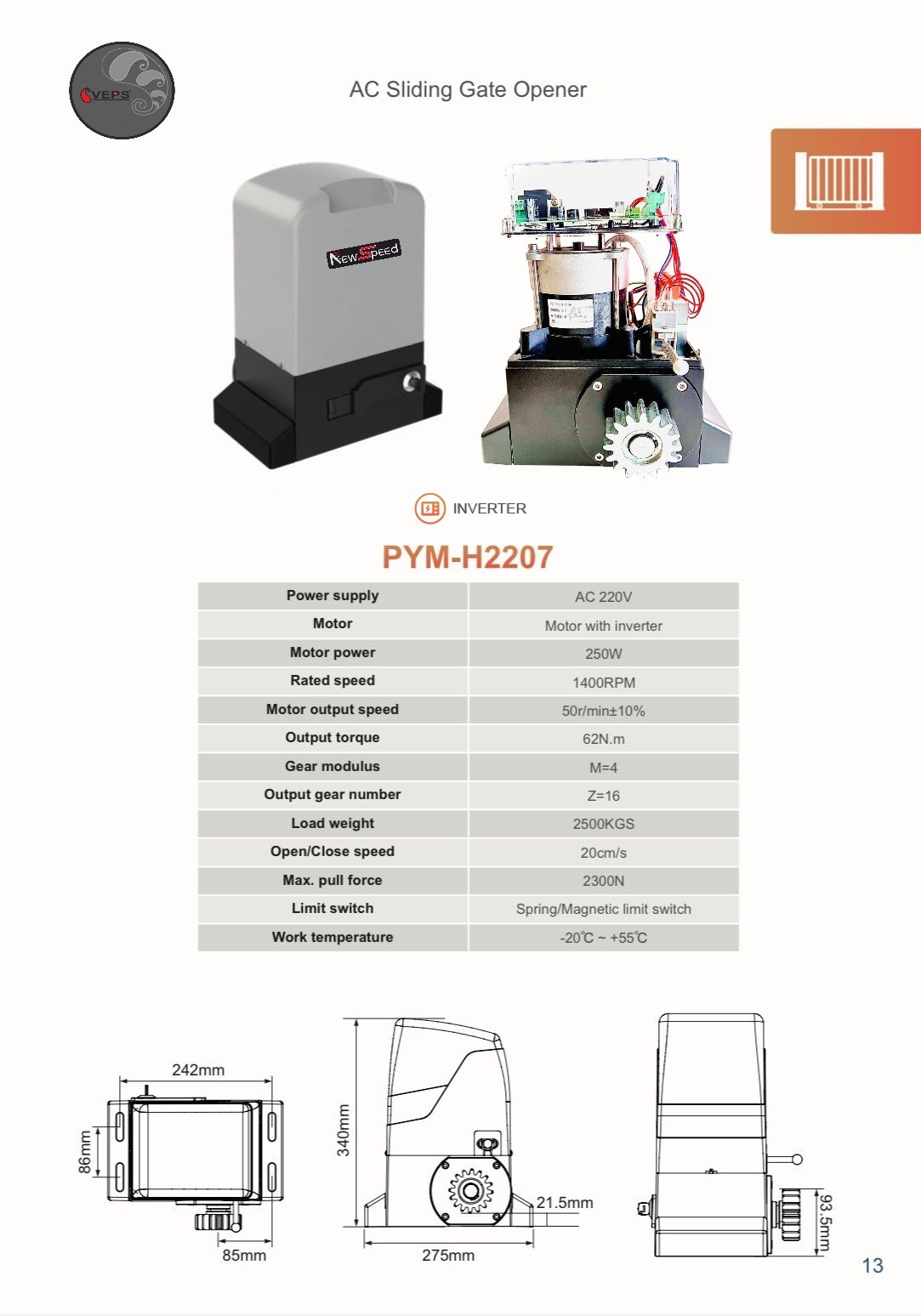 Kayar Kapı Motoru 2500 Kg, Yumuşak Başlatma ve Yumuşak Durdurma