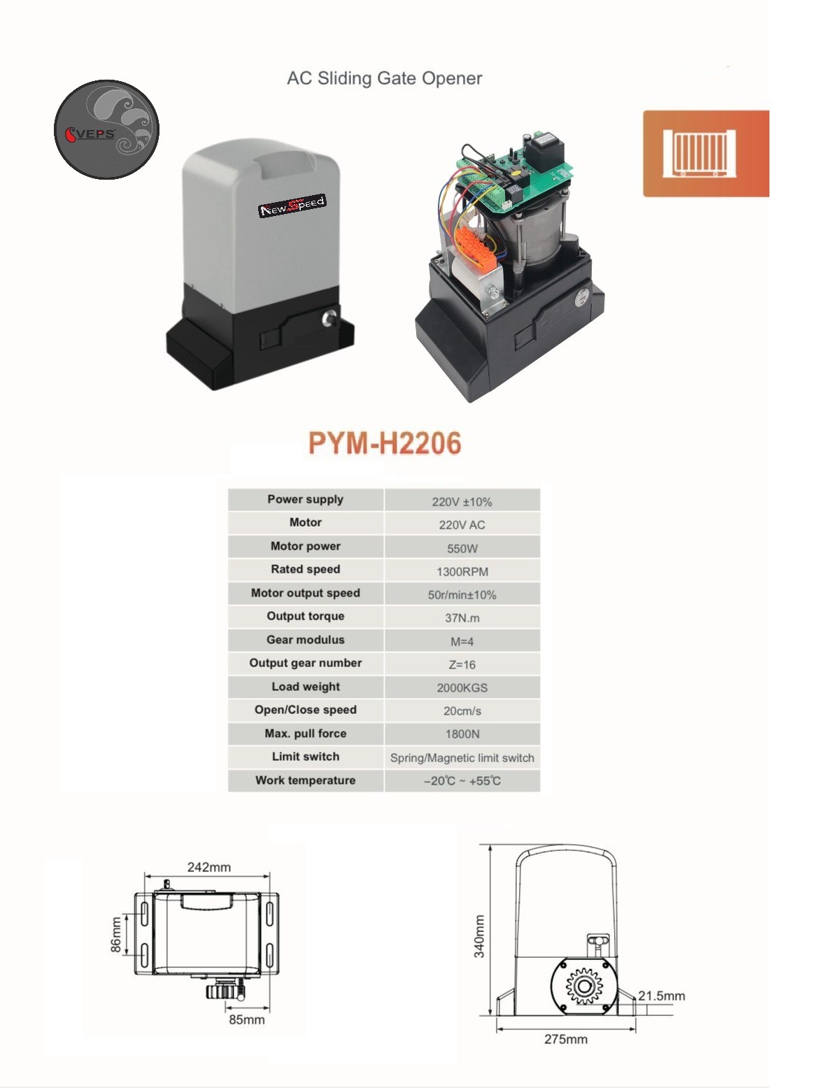 New Speed Kayar Kapı Motoru 2000 Kg, Wifi Kontrol Panosu, Yumuşak Başlatma ve Yumuşak Durdurma