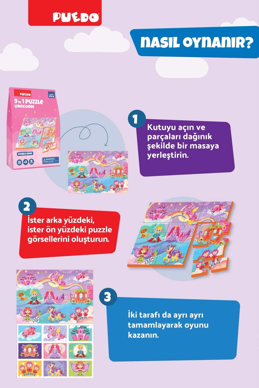 36 Parça 9in1 Çift Taraflı Puzzle - Unicorn