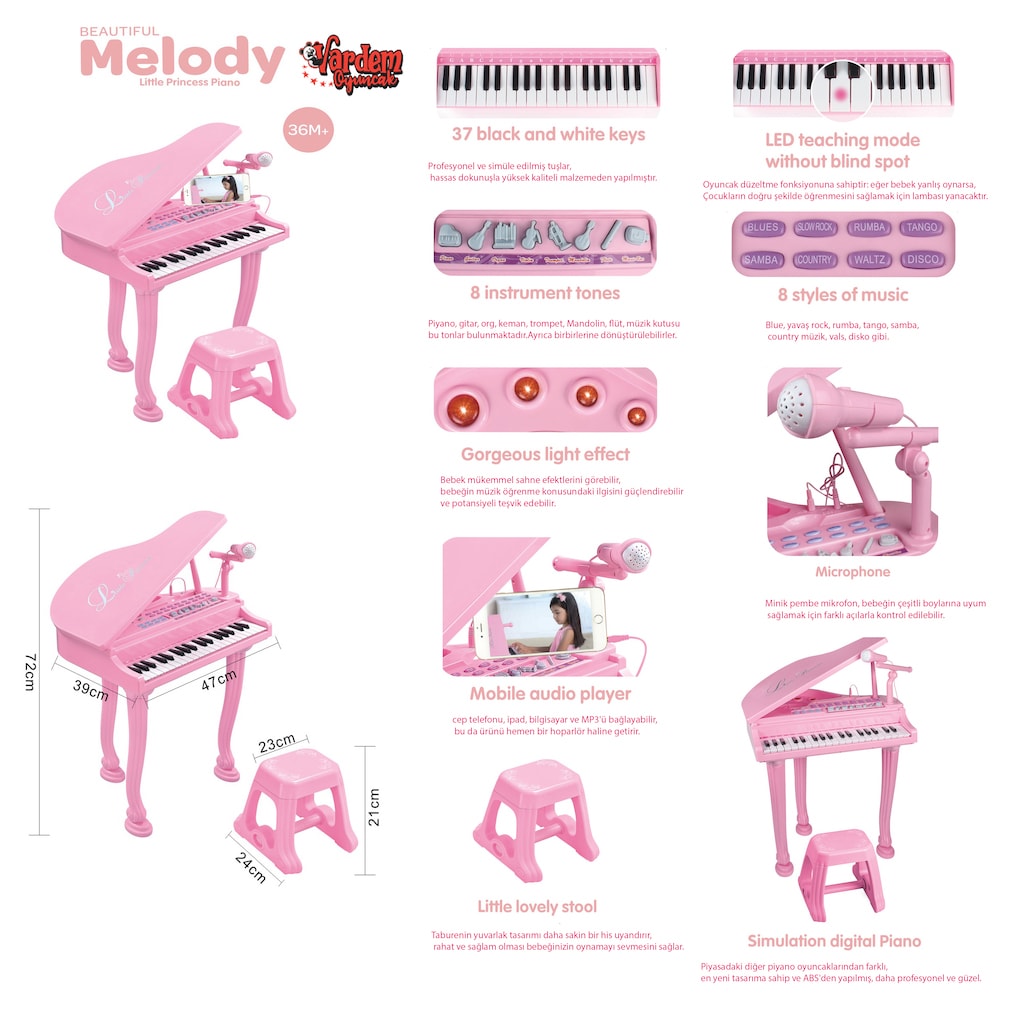 Mikrofonlu 37 Tuşlu Mp3 Çalar Büyük Pembe Piyano