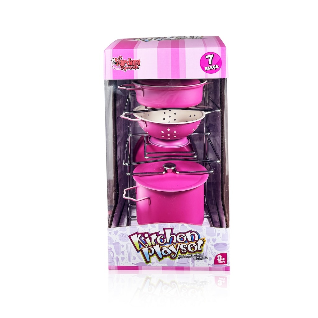 Raflı Pembe Emaye Tencere Tava Seti 7 Parça 