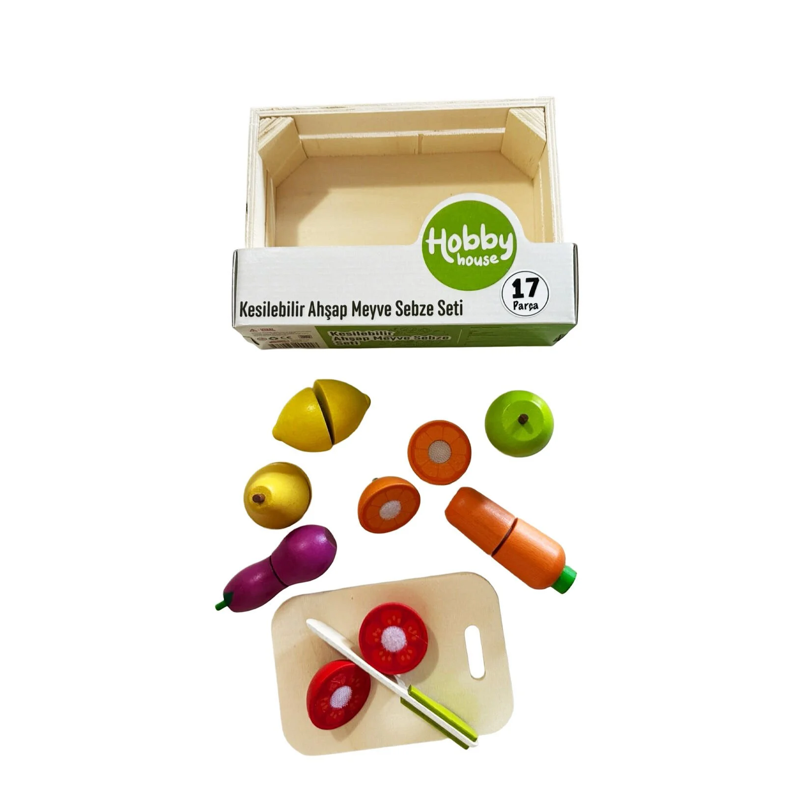 Kasalı Kesilebilir Ahşap Meyve Sebze Seti 17 Parça