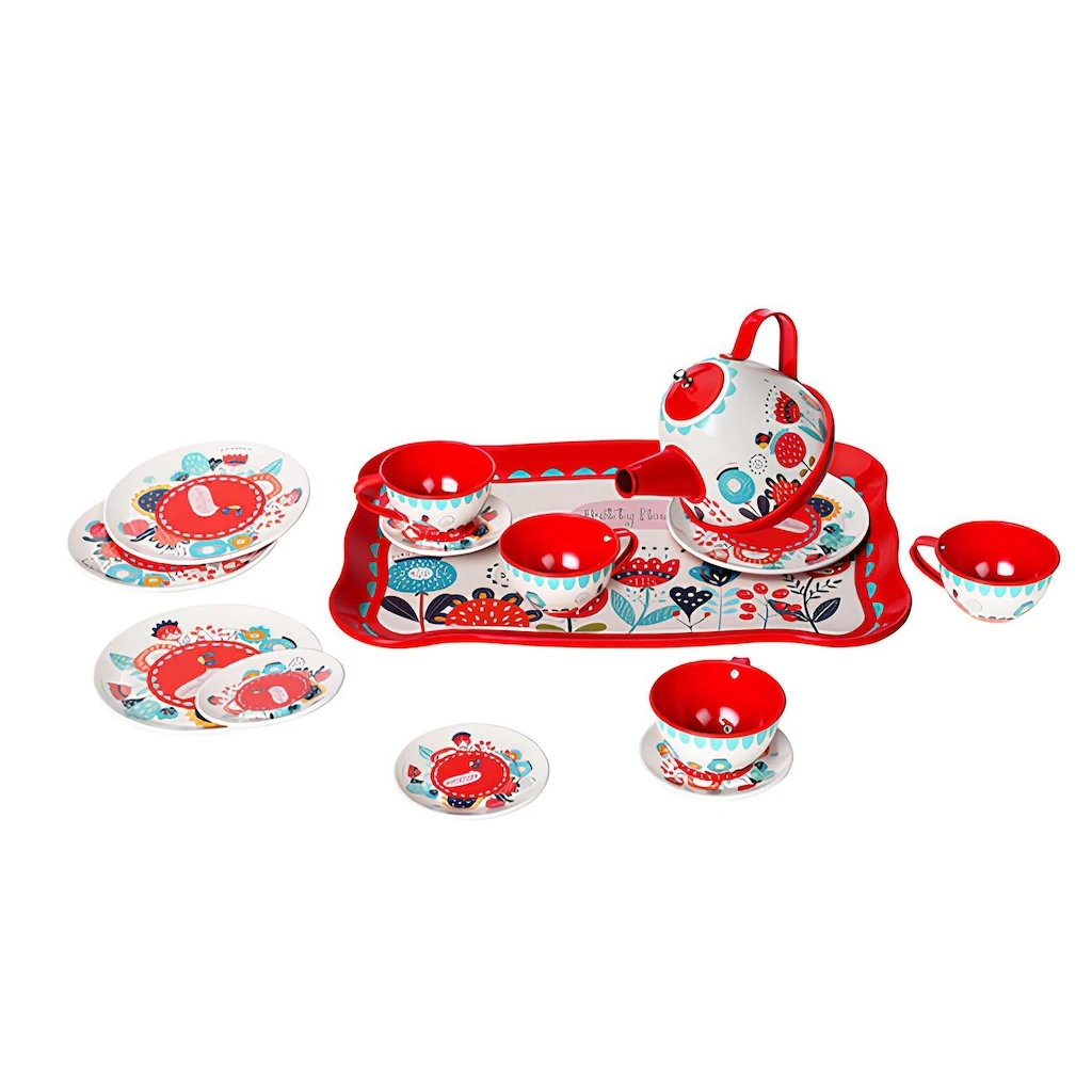 15 Parça Çiçek Desenli Metal Çay Seti