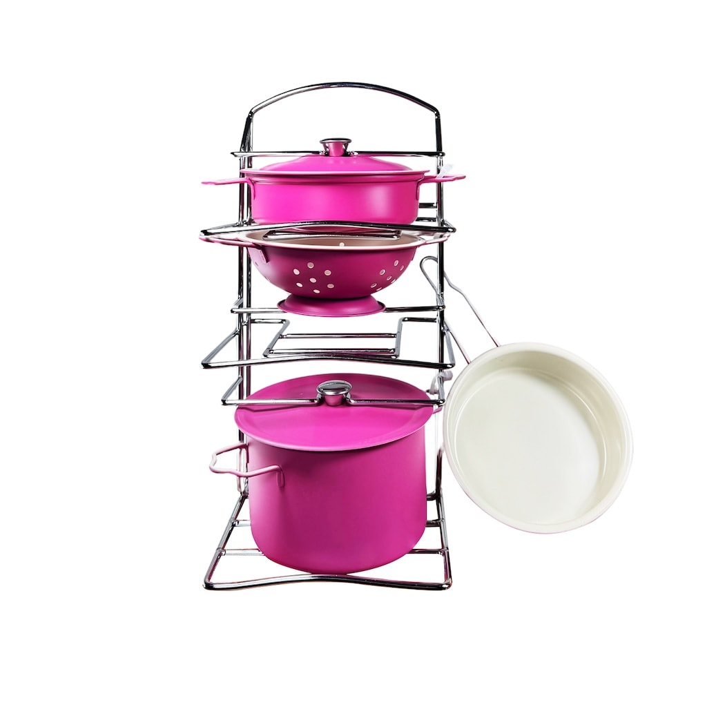Raflı Pembe Emaye Tencere Tava Seti 7 Parça 