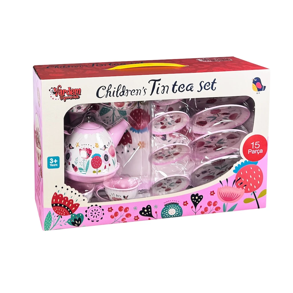 15 Parça Çiçek Desenli Metal Çay Seti