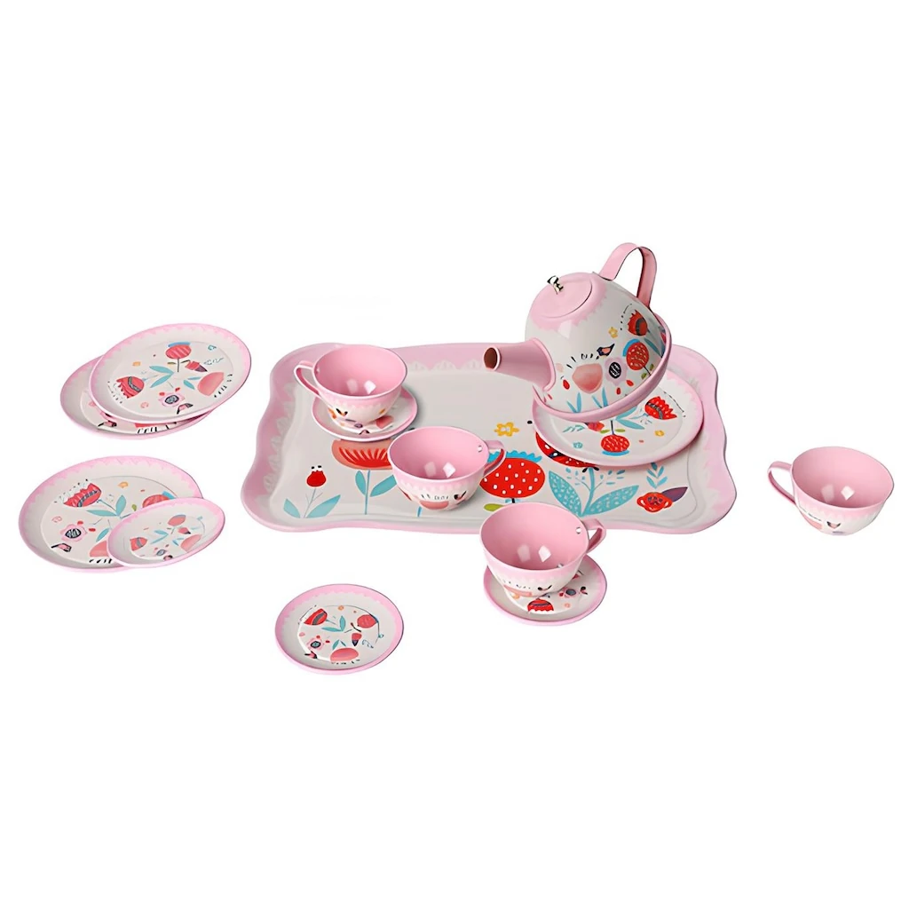 15 Parça Çiçek Desenli Metal Çay Seti