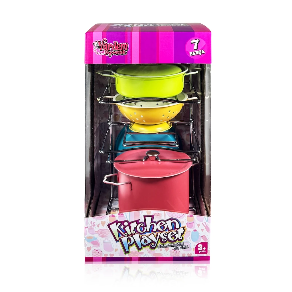 Renkli Raflı Emaye Tencere Tava Seti 7 Parça 