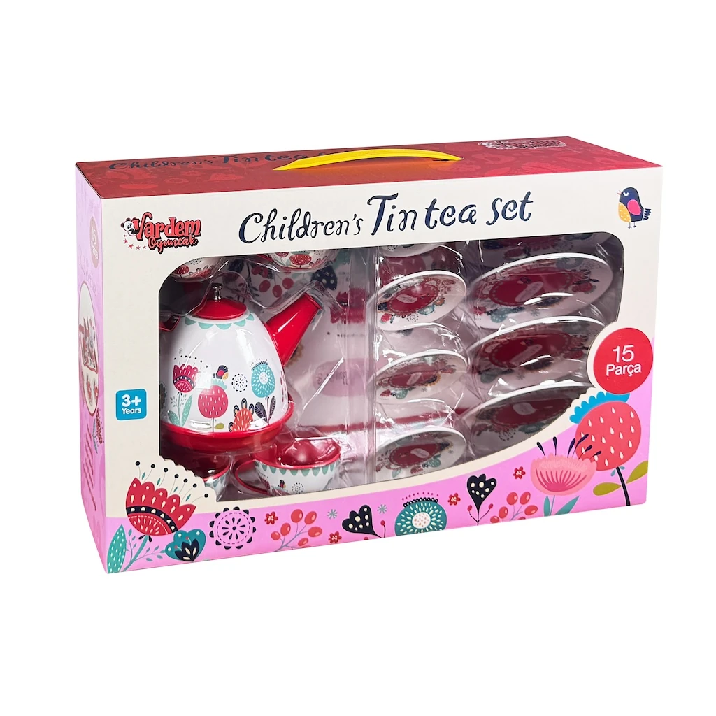 15 Parça Çiçek Desenli Metal Çay Seti