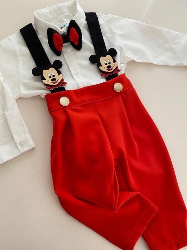 3'lü MICKEY MOUSE KONSEPT Salopet + Gömlek + Papyon Takım