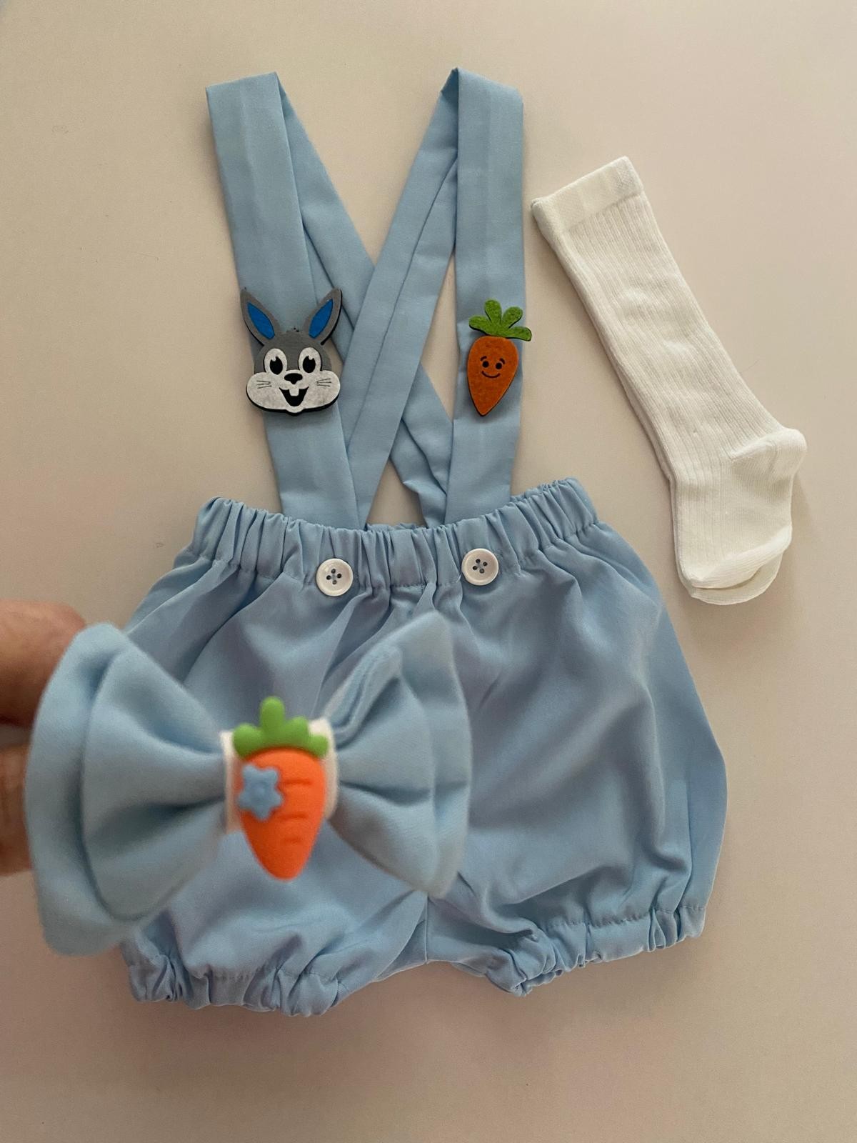 3'lü Bebe Mavi Diş Buğdayı Konseptli Şort Salopet + Papyon + Çorap Takım