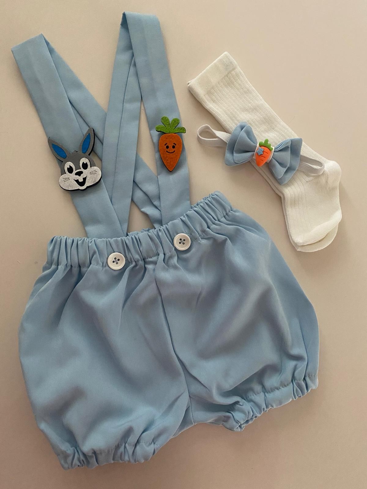 3'lü Bebe Mavi Diş Buğdayı Konseptli Şort Salopet + Papyon + Çorap Takım