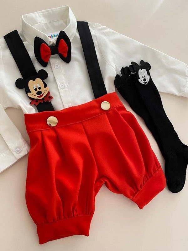 4'lü MICKEY MOUSE KONSEPT Şort Salopet + Gömlek + Papyon + Çorap Takım