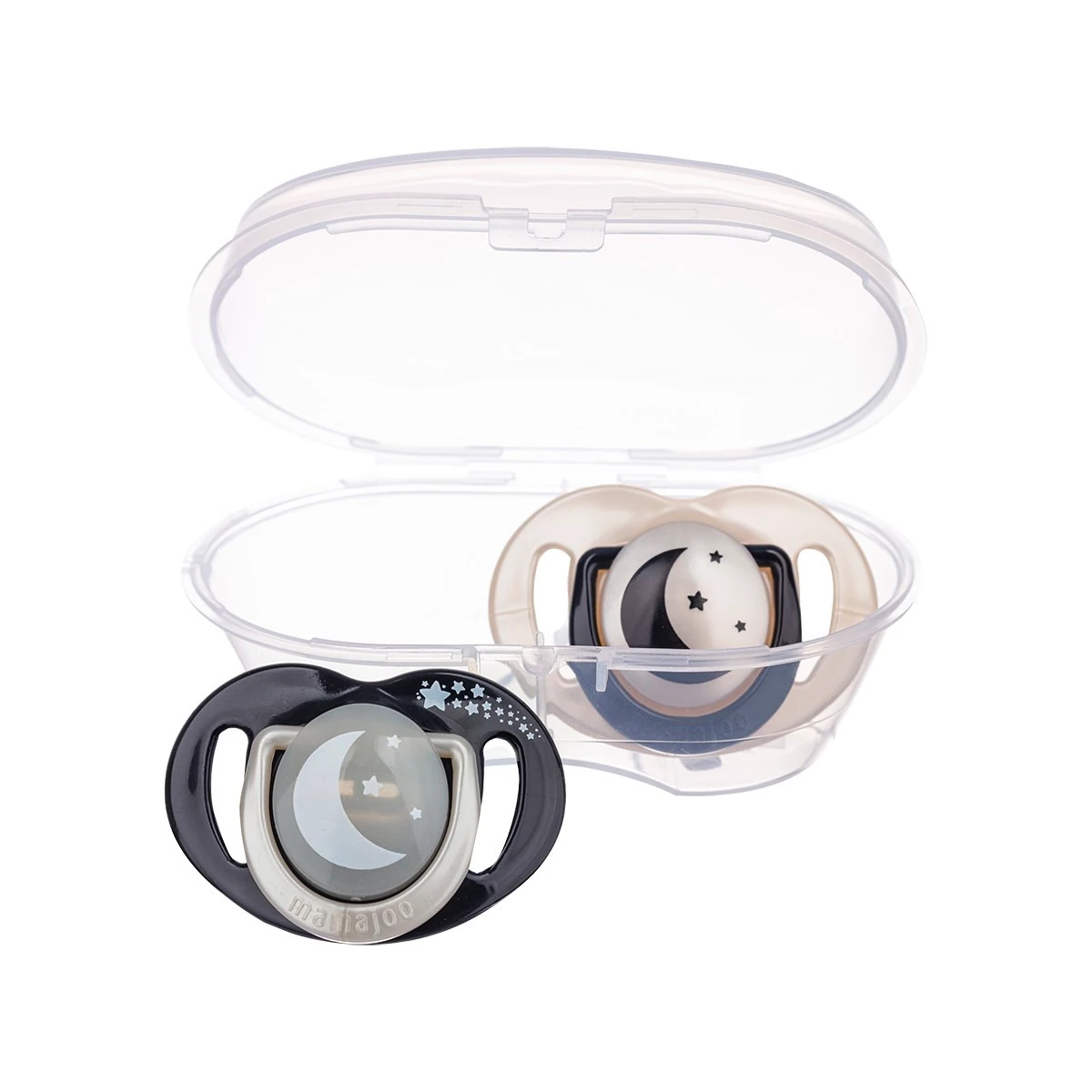 Mamajoo Sterilizasyon & Saklama Kutulu Black & Pearl Desenli İkili Ortodontik Emzik Gece & Gündüz / 12 Ay+