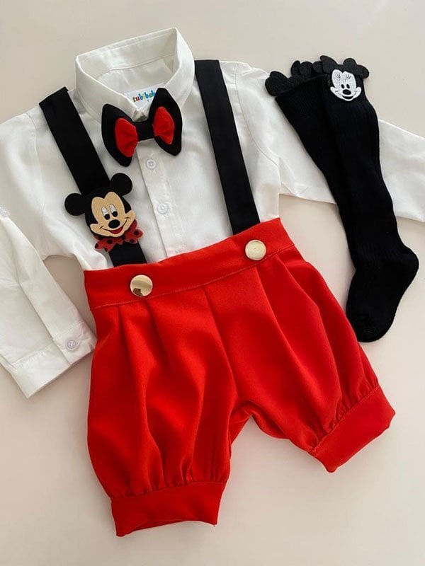 4'lü MICKEY MOUSE KONSEPT Şort Salopet + Gömlek + Papyon + Çorap Takım