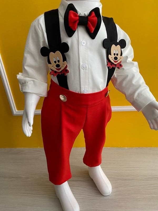 3'lü MICKEY MOUSE KONSEPT Salopet + Gömlek + Papyon Takım