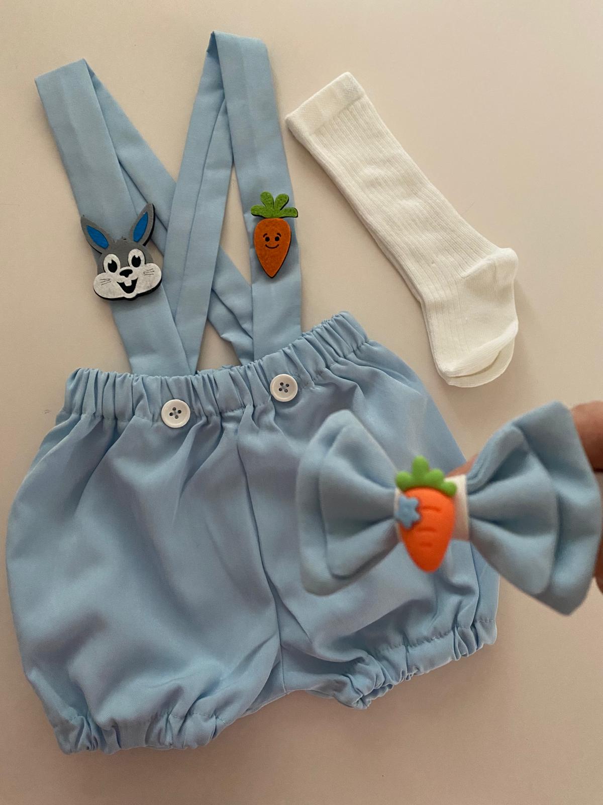 3'lü Bebe Mavi Diş Buğdayı Konseptli Şort Salopet + Papyon + Çorap Takım