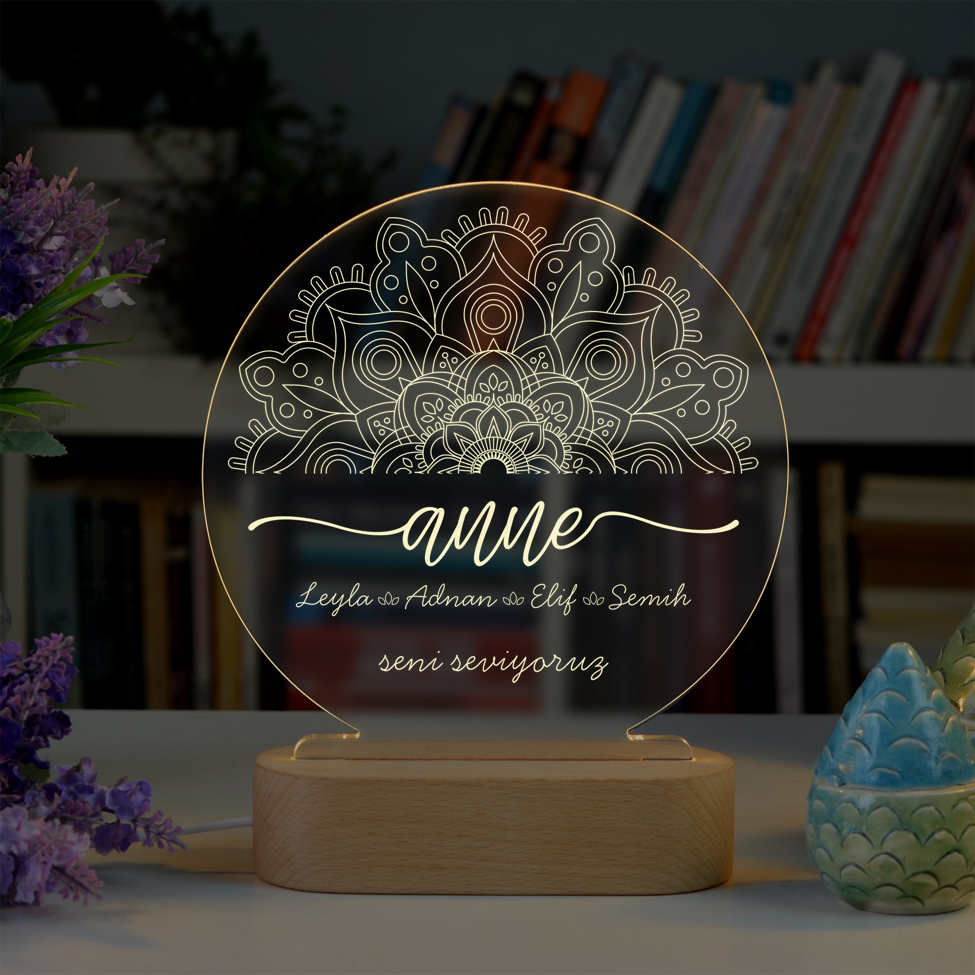 Anneler için Mandala Sembollü Kişiye Özel Ledli Gece Lambası
