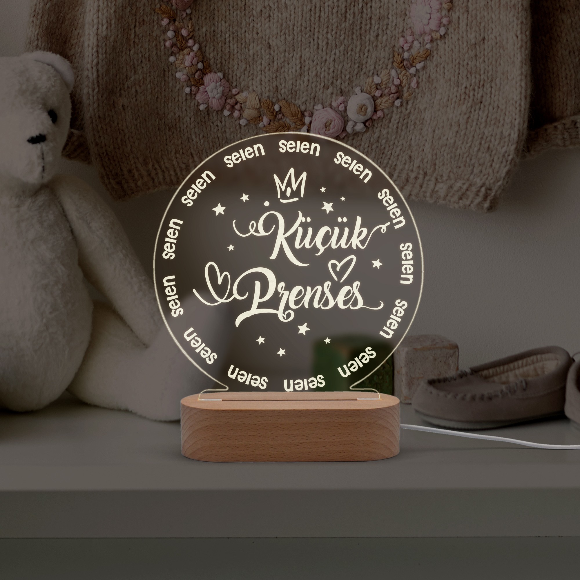 Prenses Yazılı Kız Çocukları için Kişiye Özel Ledli Gece Lambası