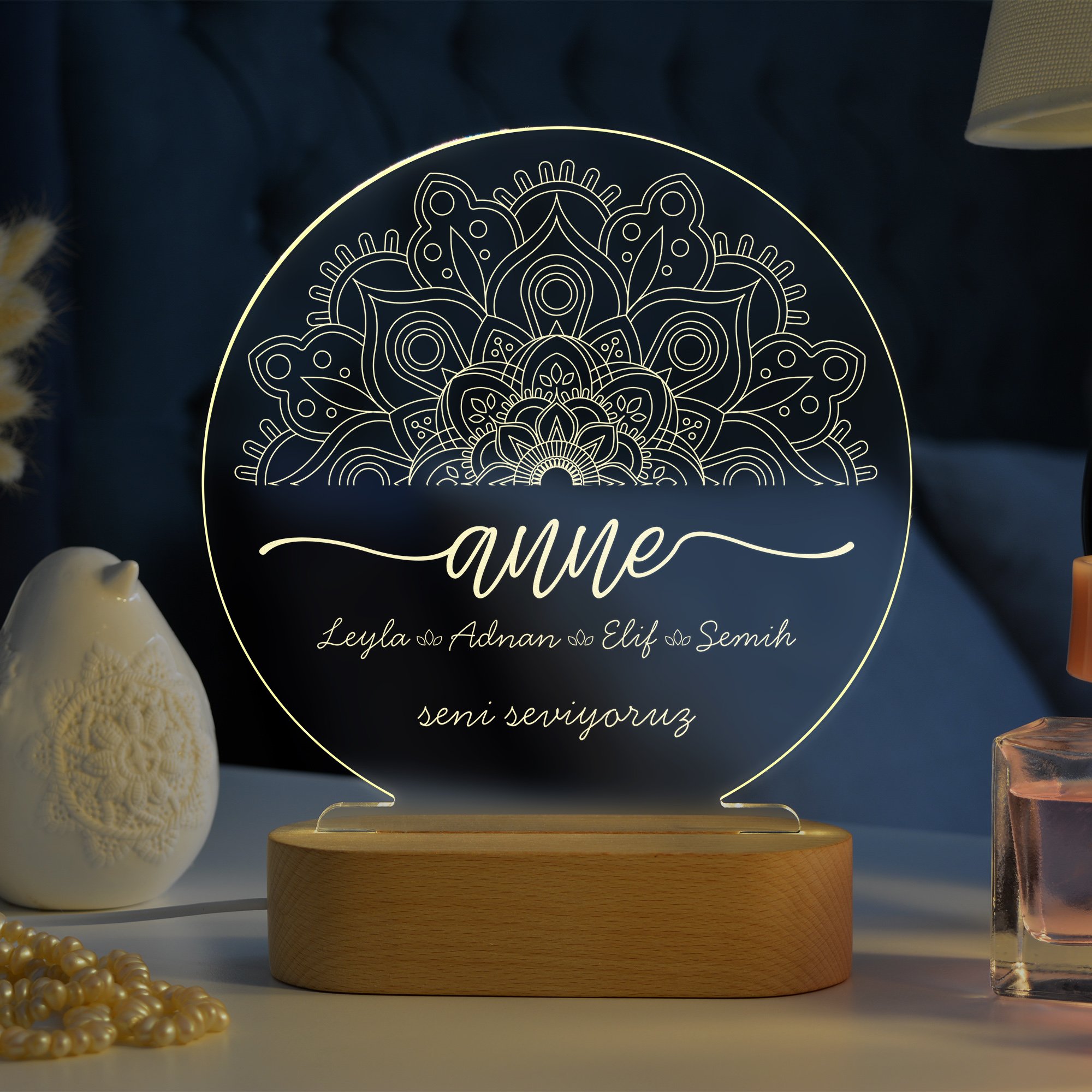 Anneler için Mandala Sembollü Kişiye Özel Ledli Gece Lambası