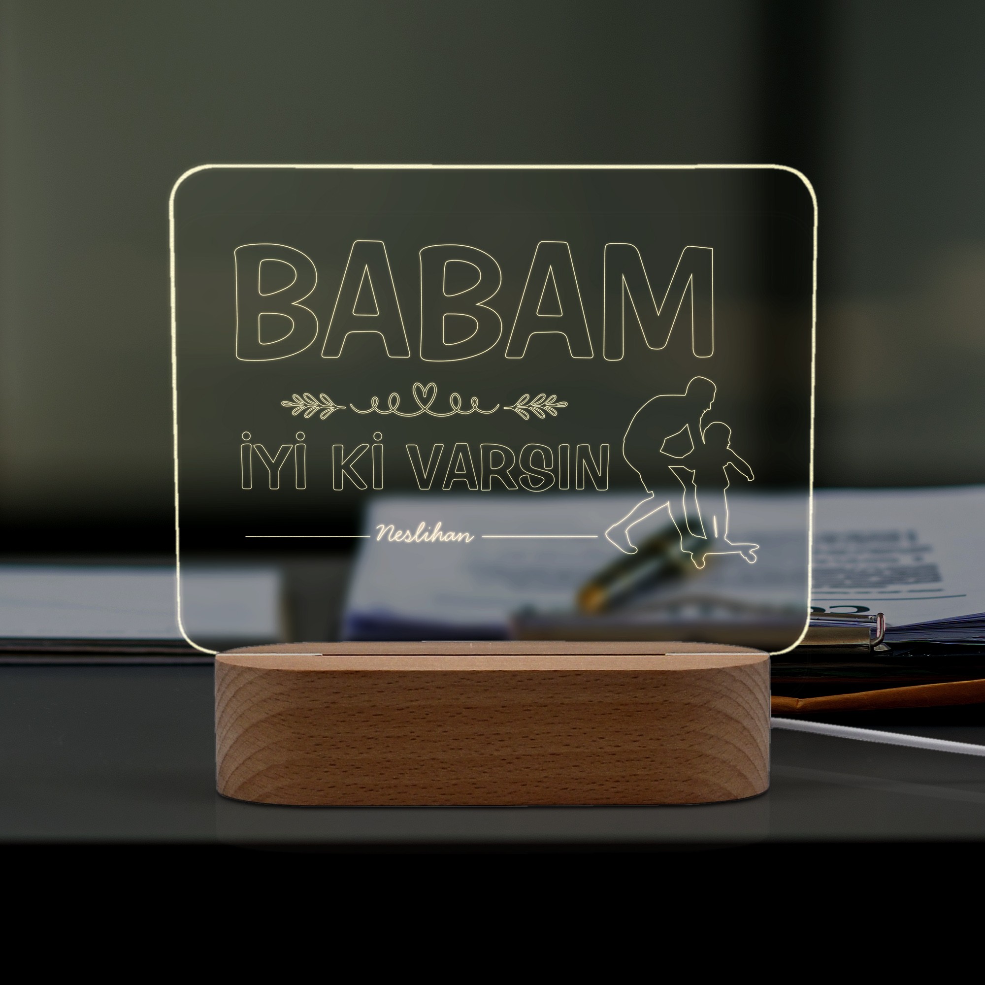 Babalar için Baba ve Çocuk Motifli Ledli Gece Lambası