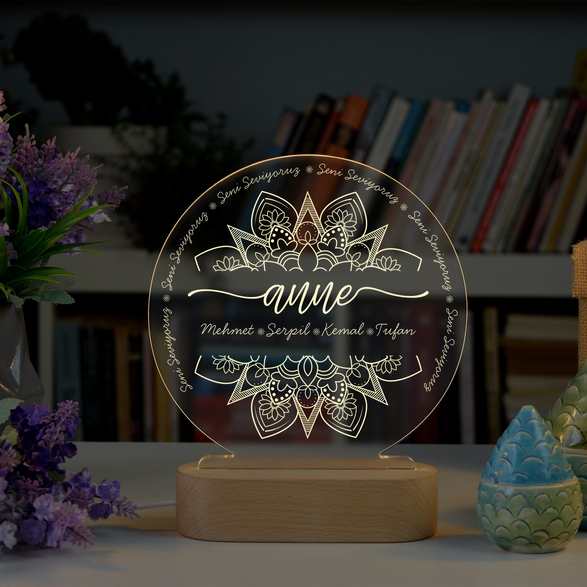 Anneler için Mandala Motifli Kişiye Özel Ledli Gece Lambası