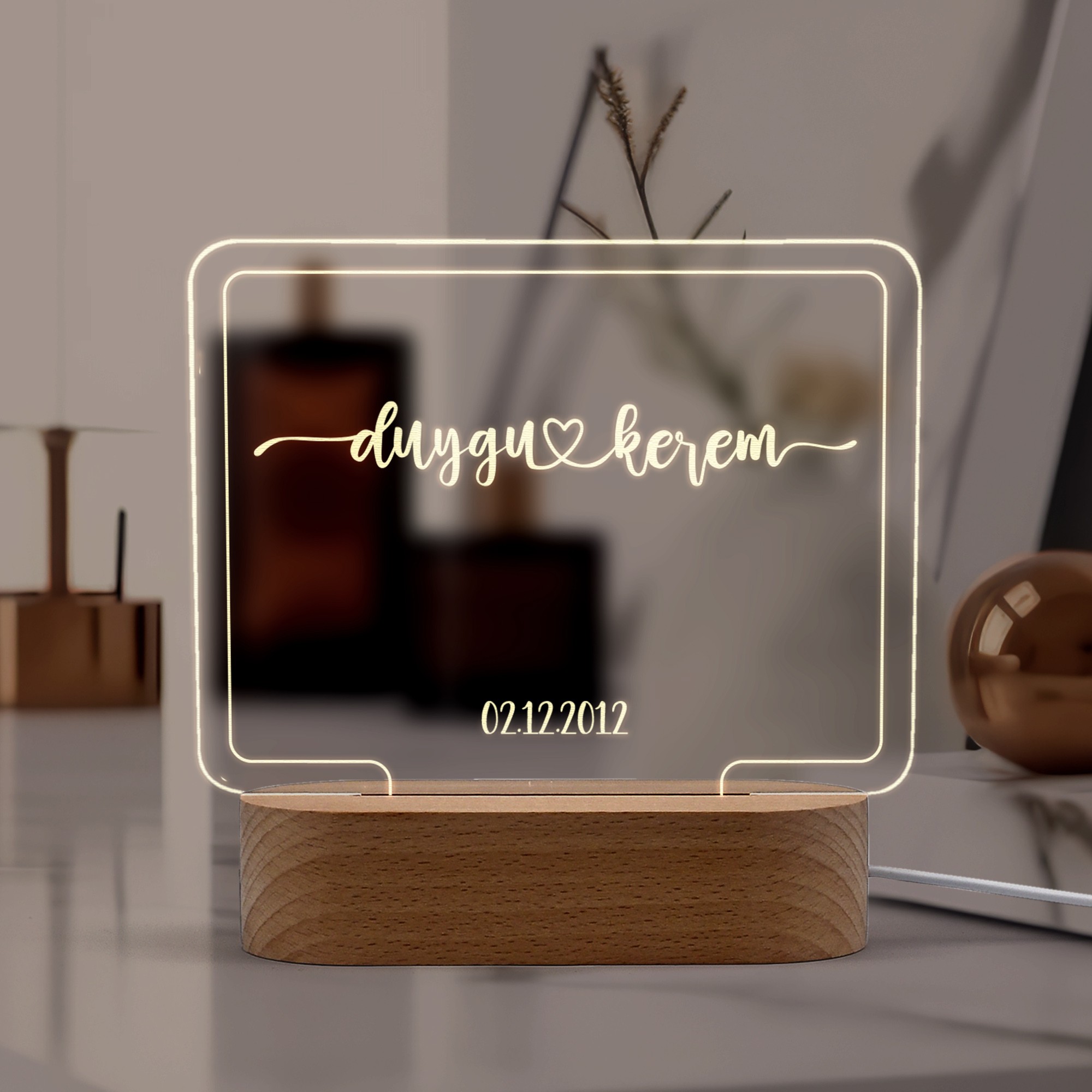 Çiftler için Konturlu Kişiye Özel Ledli Dörtgen Gece Lambası