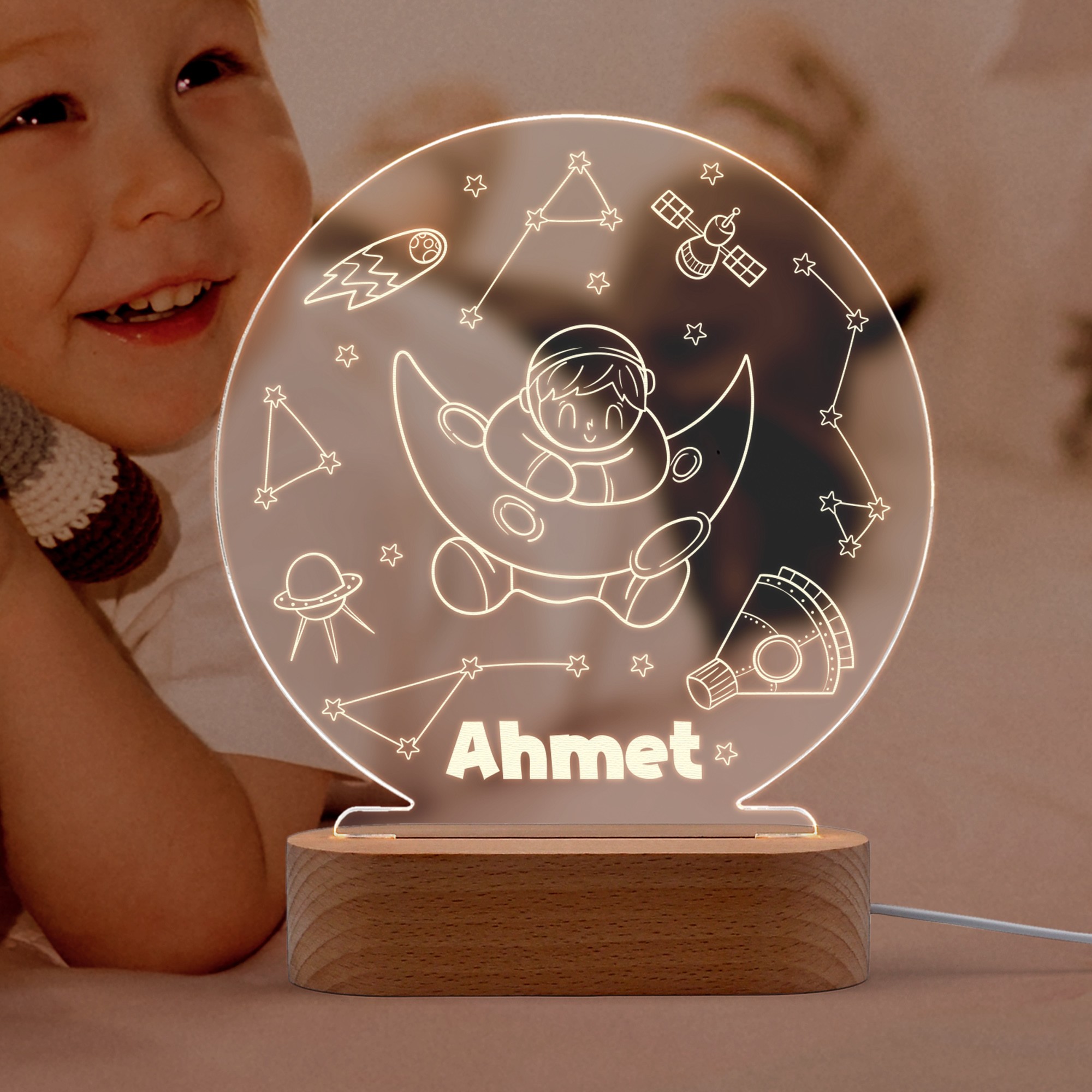 Ay Dede Figürlü, Özel Tasarım İsimli Kişiye Özel Led Gece Lambası