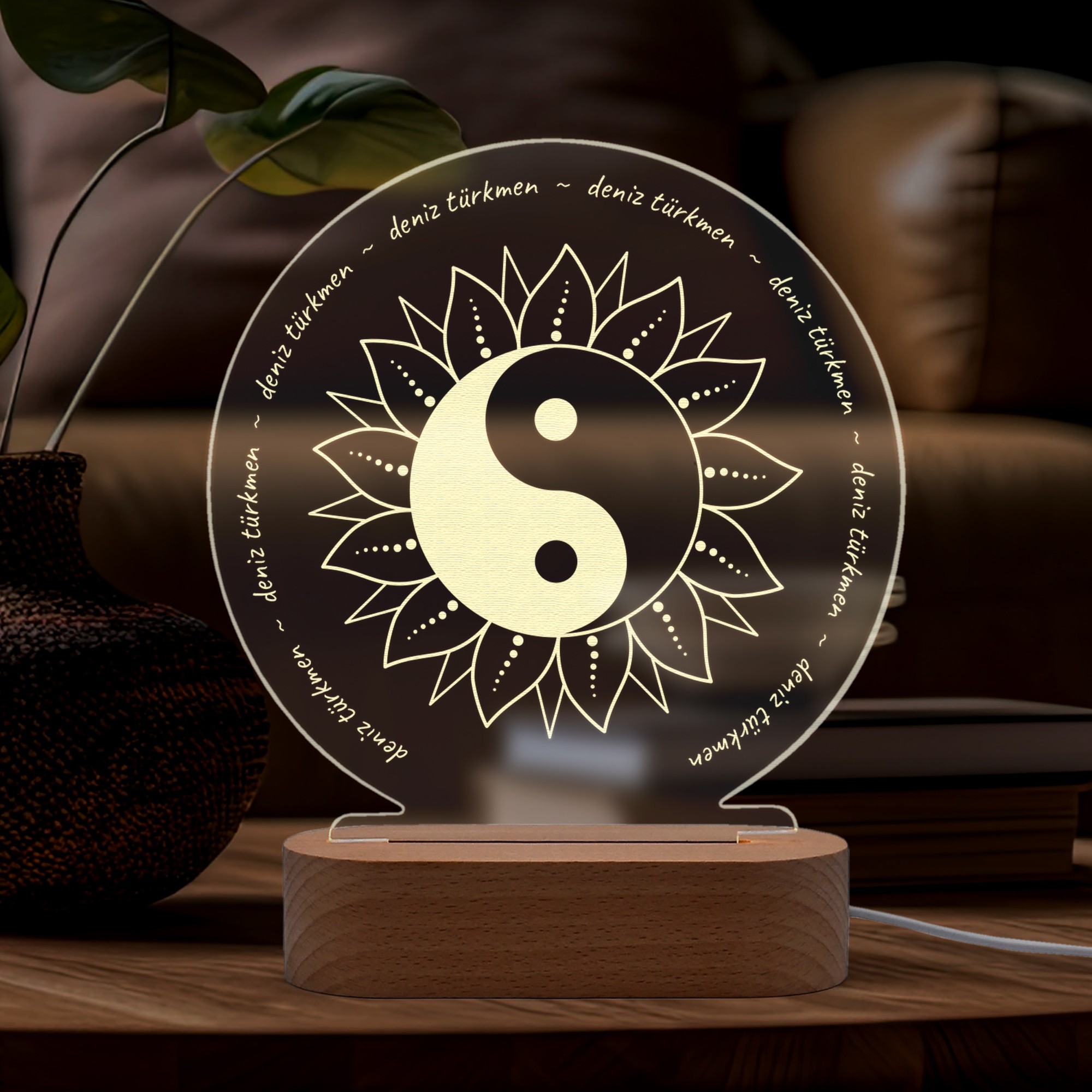 Ying Yang Sembollü Kişiye Özel Ledli Gece Lambası