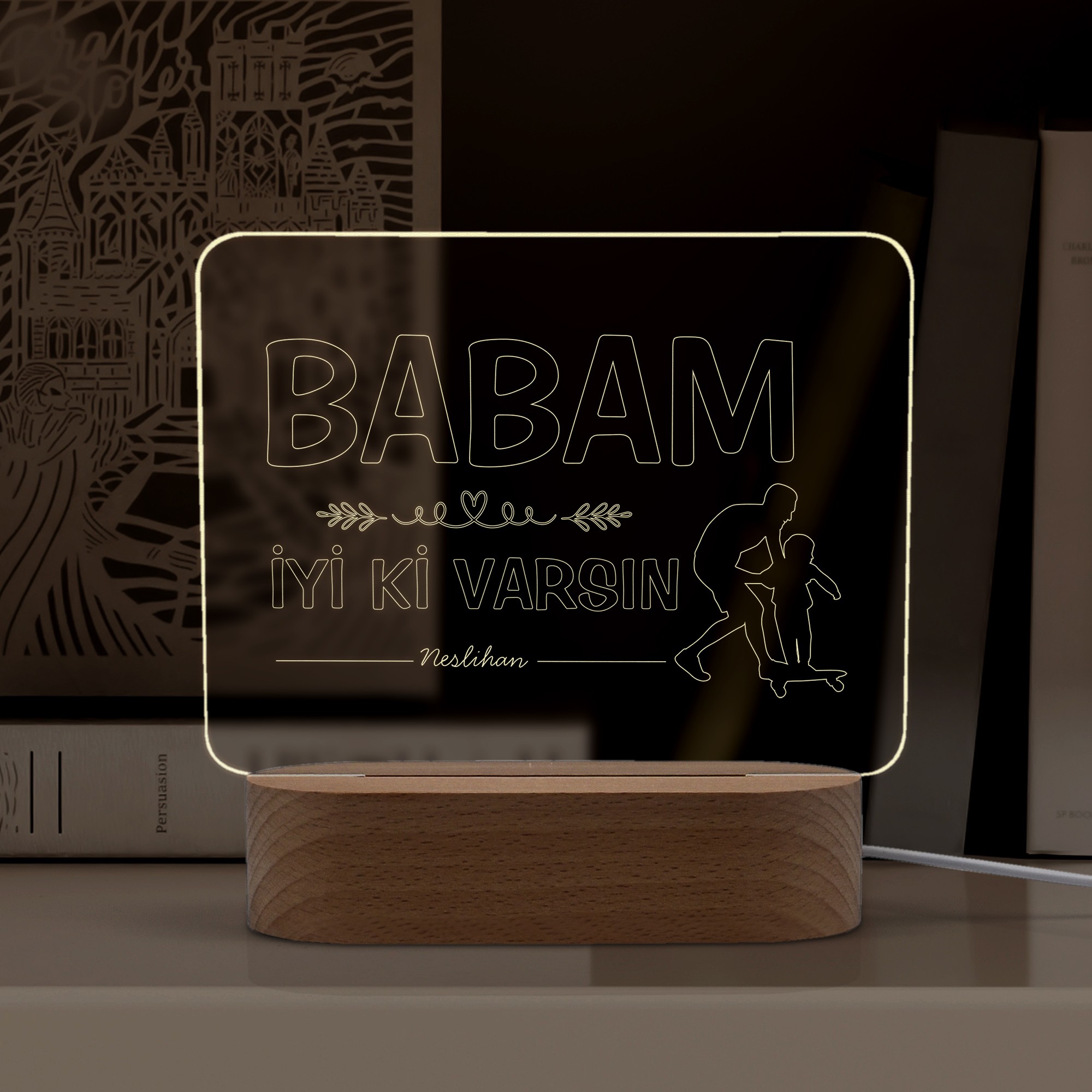 Babalar için Baba ve Çocuk Motifli Ledli Gece Lambası