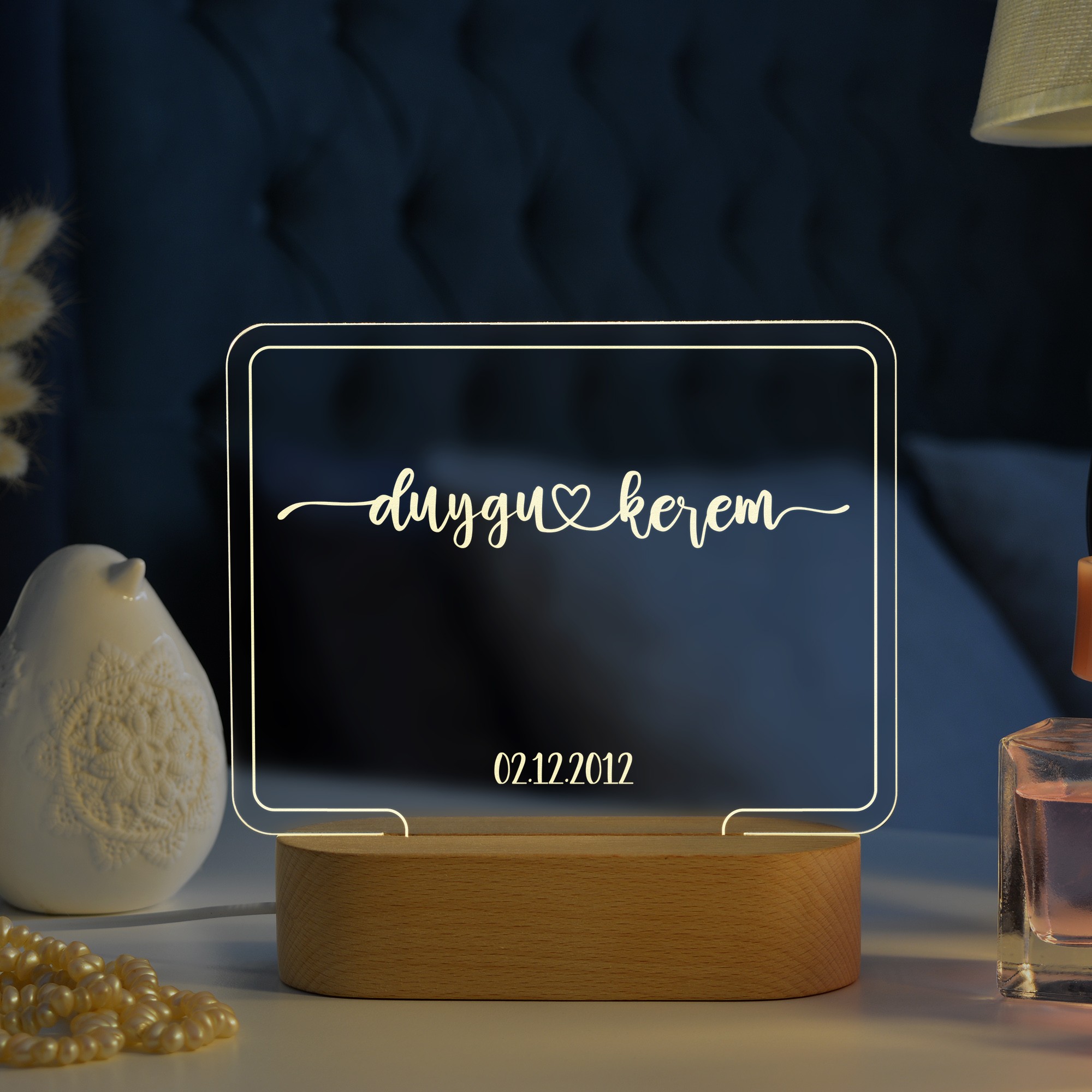 Çiftler için Konturlu Kişiye Özel Ledli Dörtgen Gece Lambası