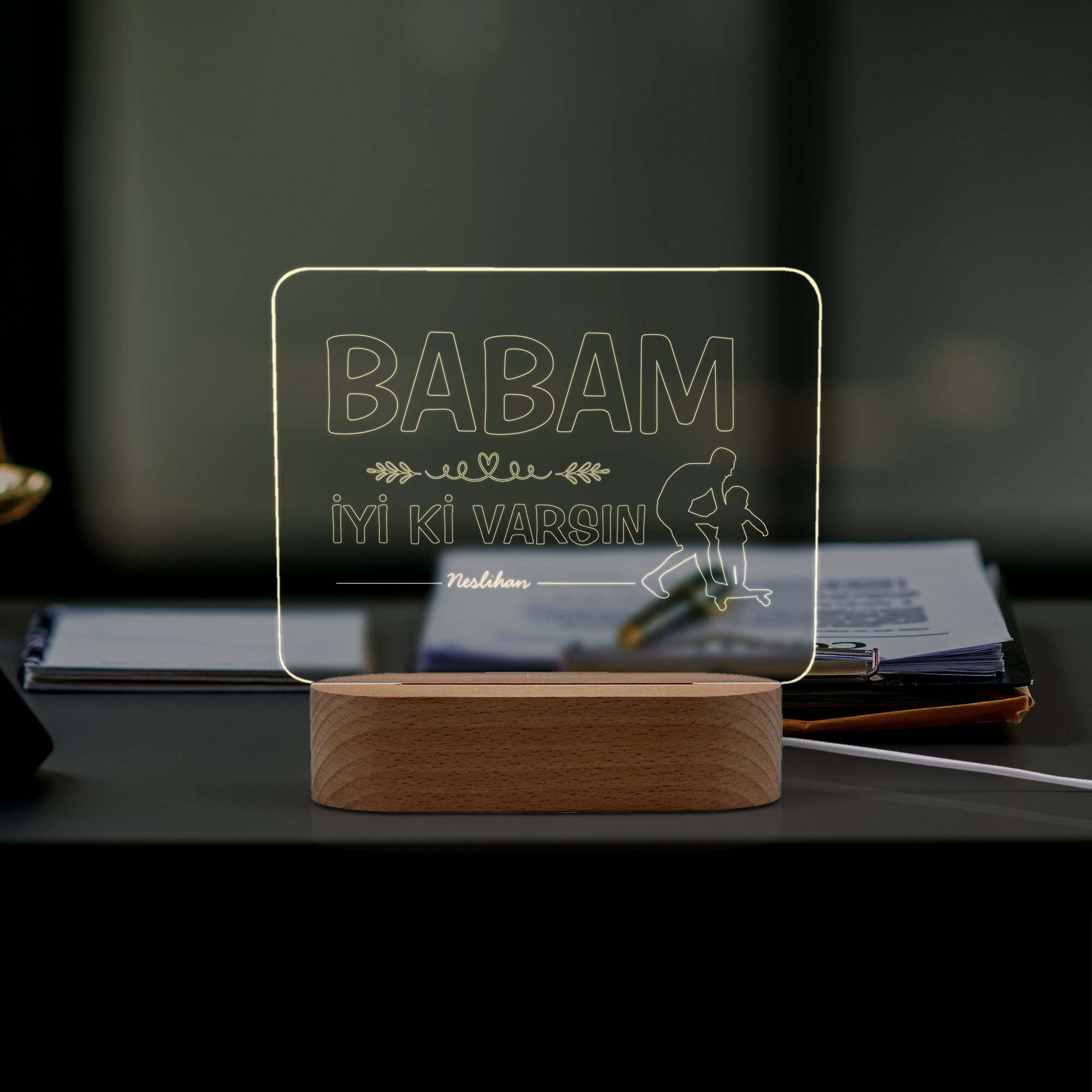 Babalar için Baba, Çocuk Motifli Ledli Gece Lambası