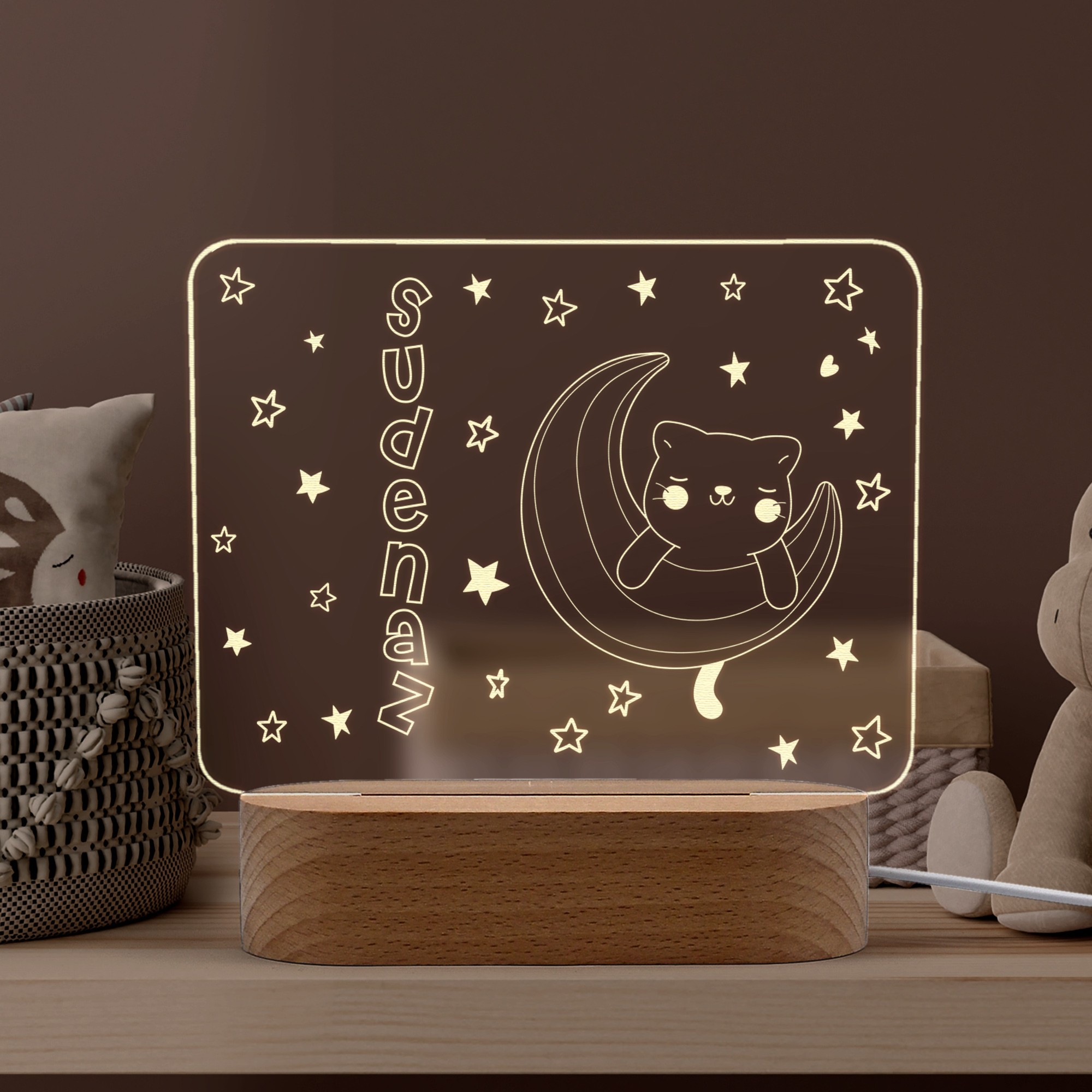 Kedi Figürlü Dikdörtgen Model Kişiye Özel Ledli Gece Lambası