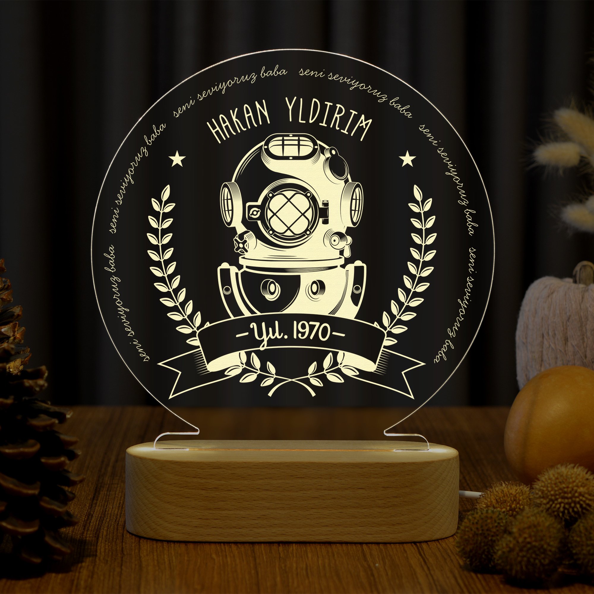 Denizcilik, Retro Dalış Başlığı Motifli Kişiye Özel Led Gece Lambası