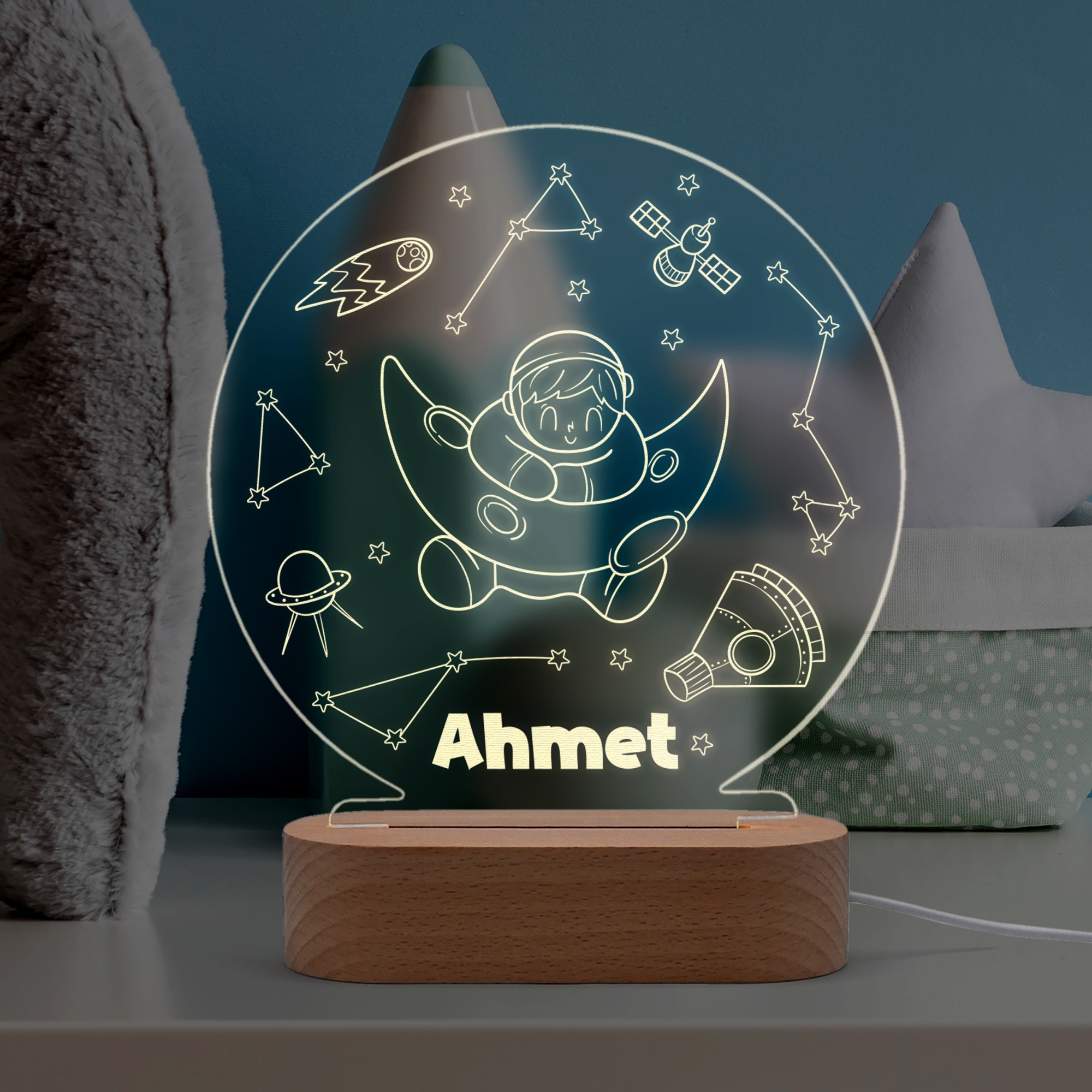 Ay Dede Figürlü, Özel Tasarım İsimli Kişiye Özel Led Gece Lambası