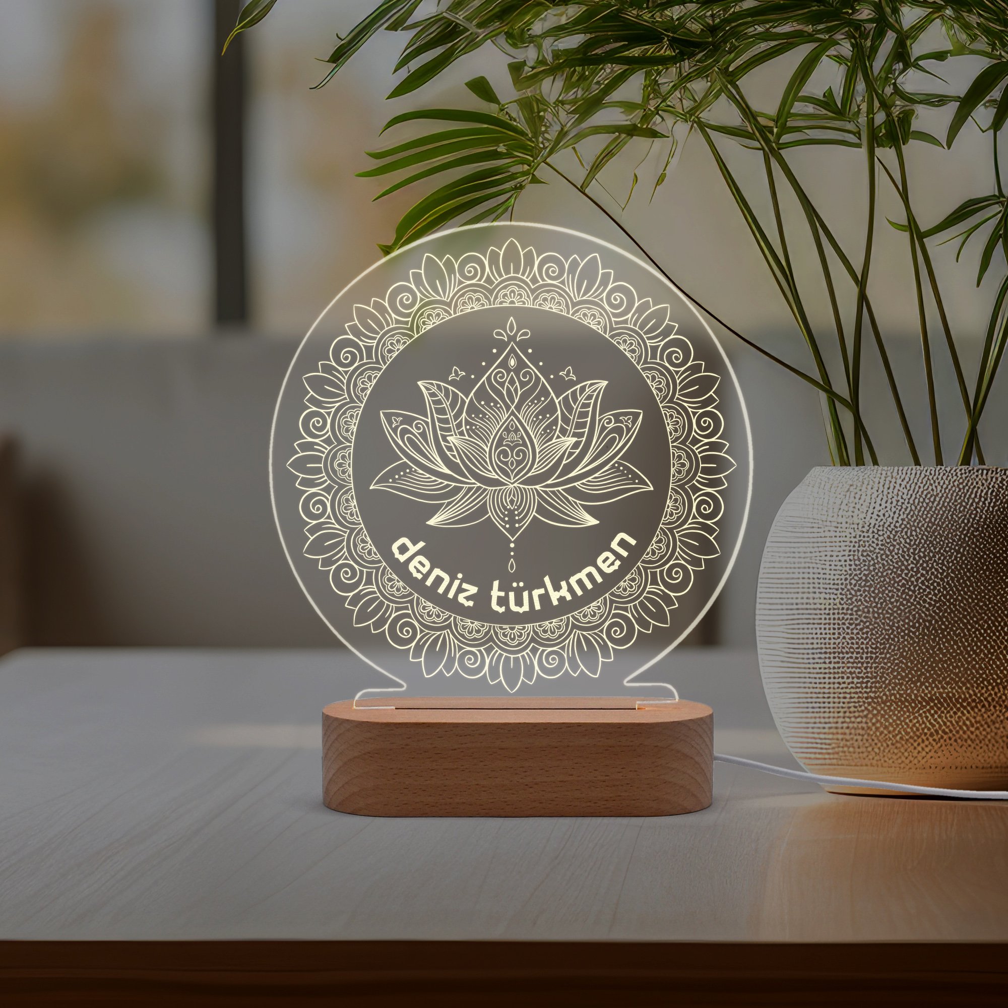 Lotus, Mandala Figürlü Kişiye Özel Ledli Gece Lambası