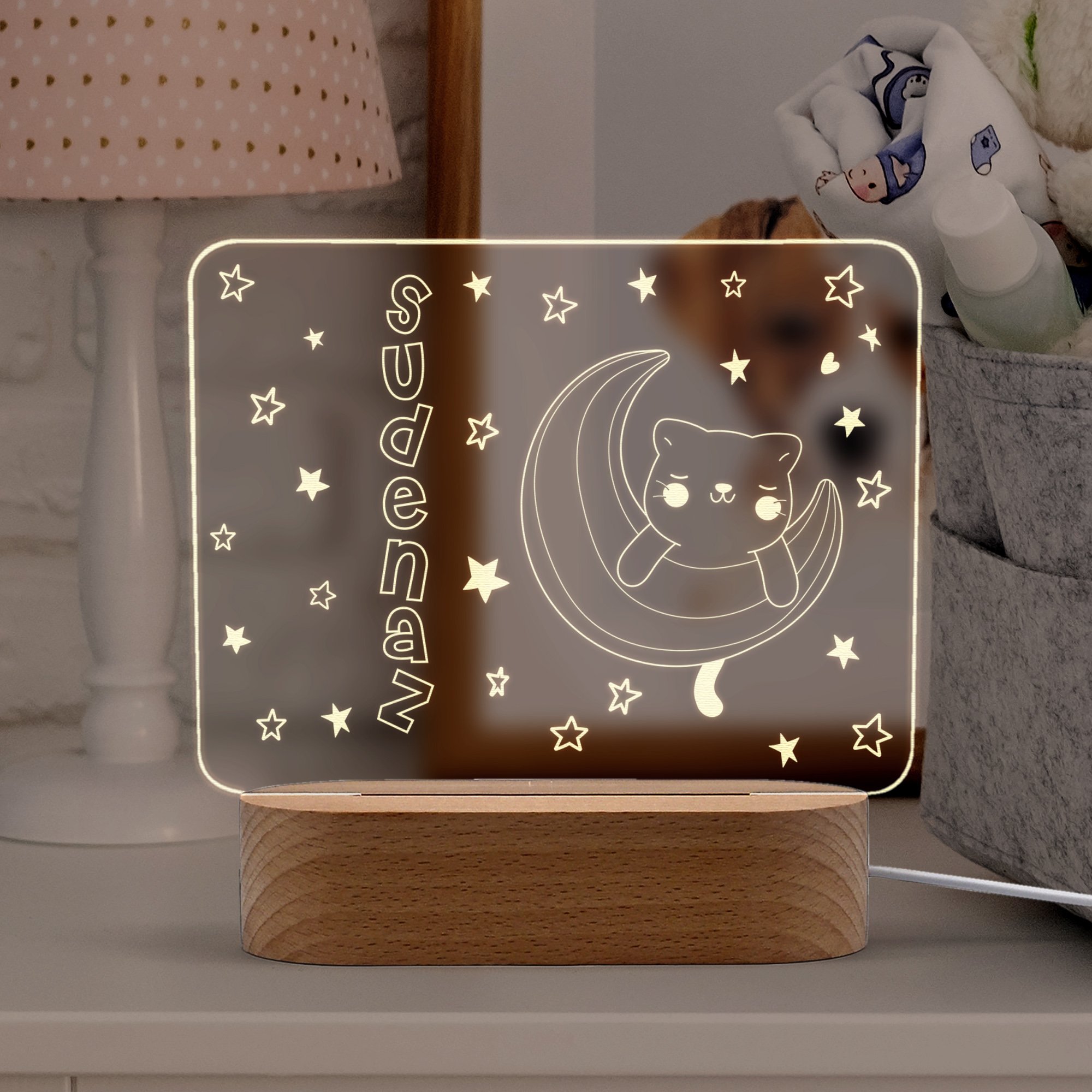 Kedi Figürlü Dikdörtgen Model Kişiye Özel Ledli Gece Lambası