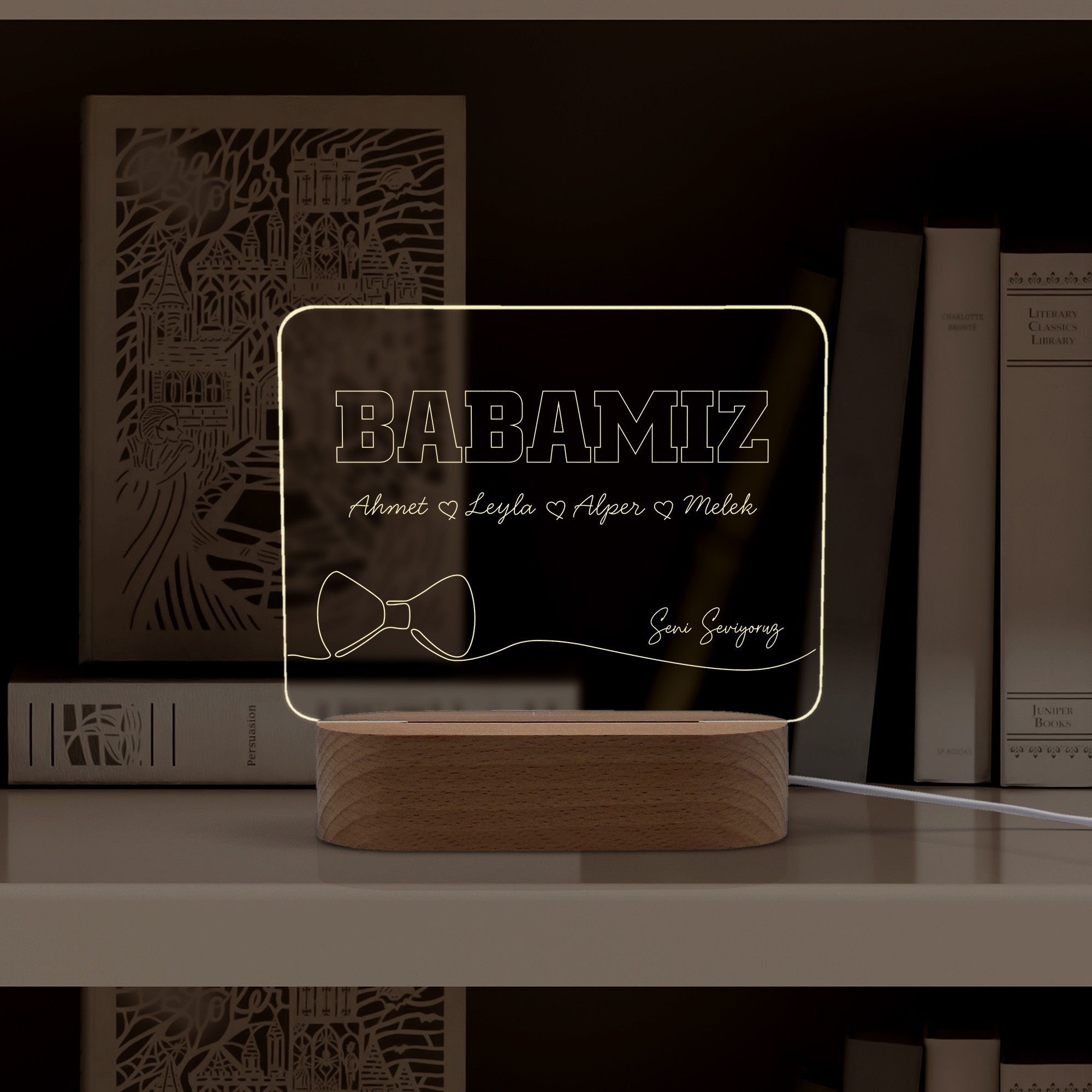 Babalar için Papyon Motifli Kişiye Özel Ledli Gece Lambası