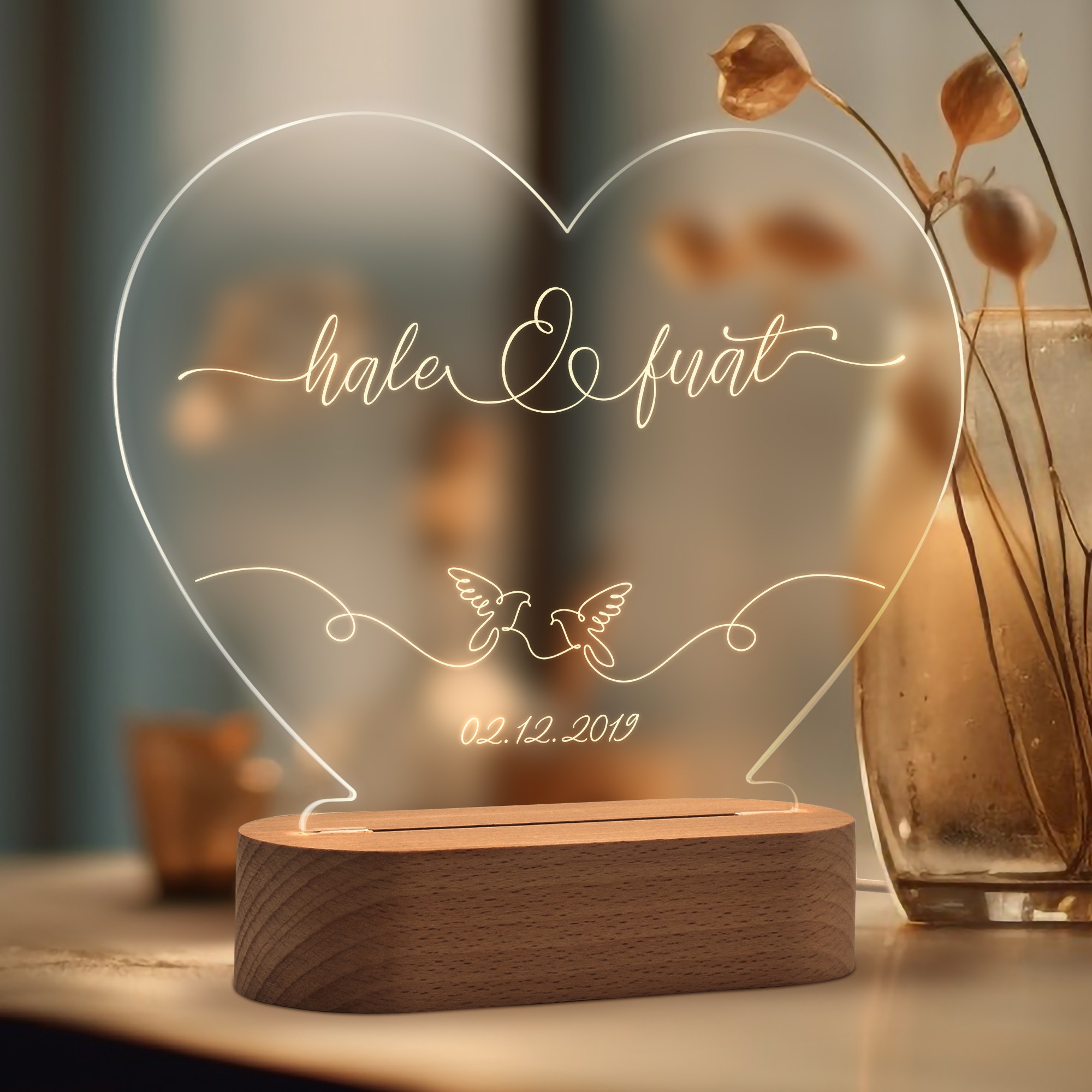 Çiftler için Çifte Güvercin Motifli Kişiye Özel Ledli Gece Lambası