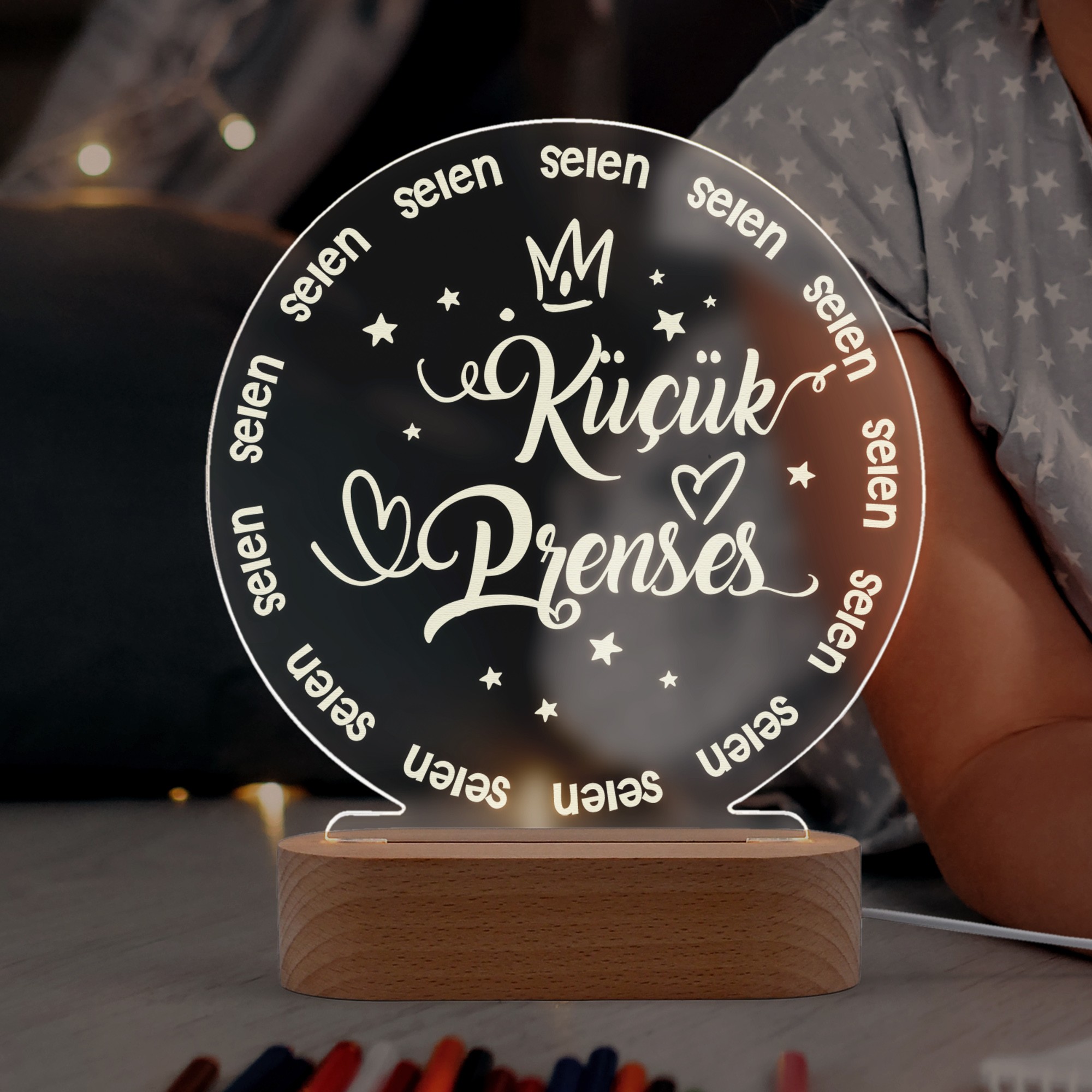 Prenses Yazılı Kız Çocukları için Kişiye Özel Ledli Gece Lambası