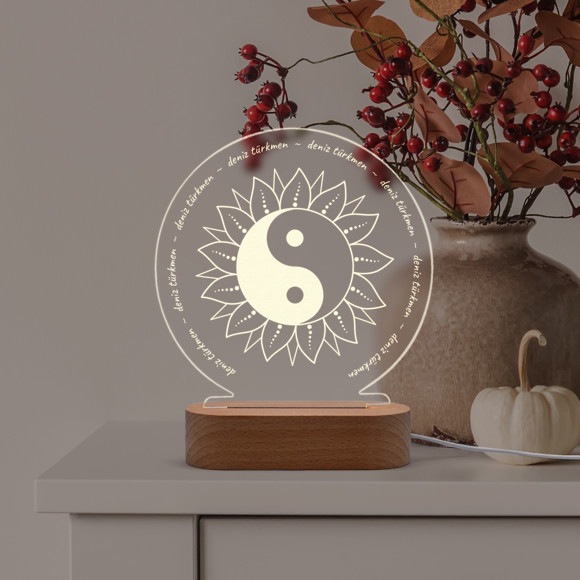 Ying Yang Sembollü Kişiye Özel Ledli Gece Lambası