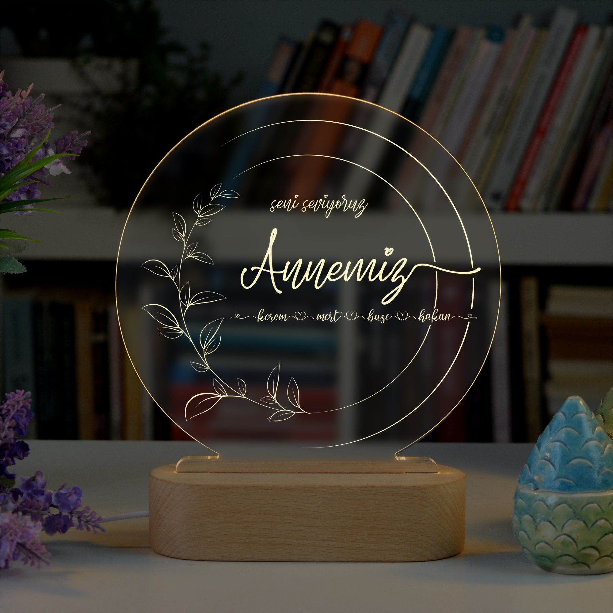 Anneler için Yaprak Motifli Kişiye Özel Ledli Gece Lambası