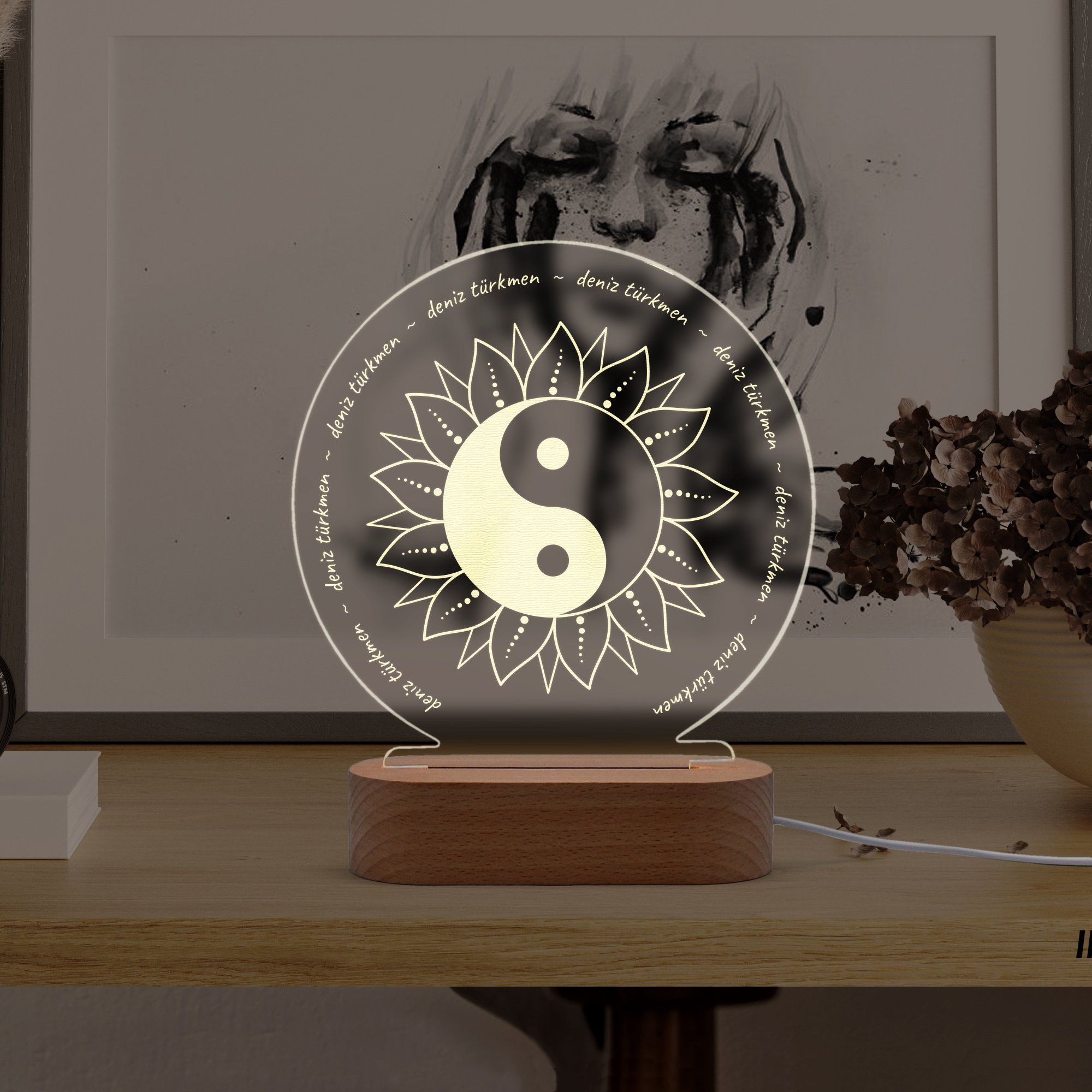 Ying Yang Sembollü Kişiye Özel Ledli Gece Lambası