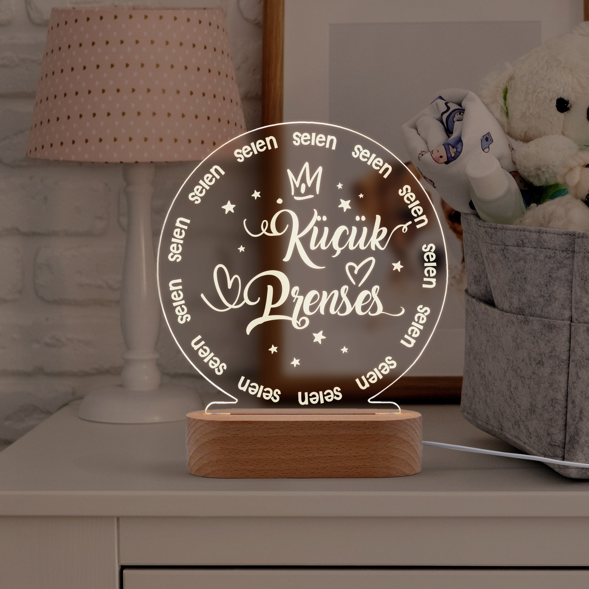Prenses Yazılı Kız Çocukları için Kişiye Özel Ledli Gece Lambası