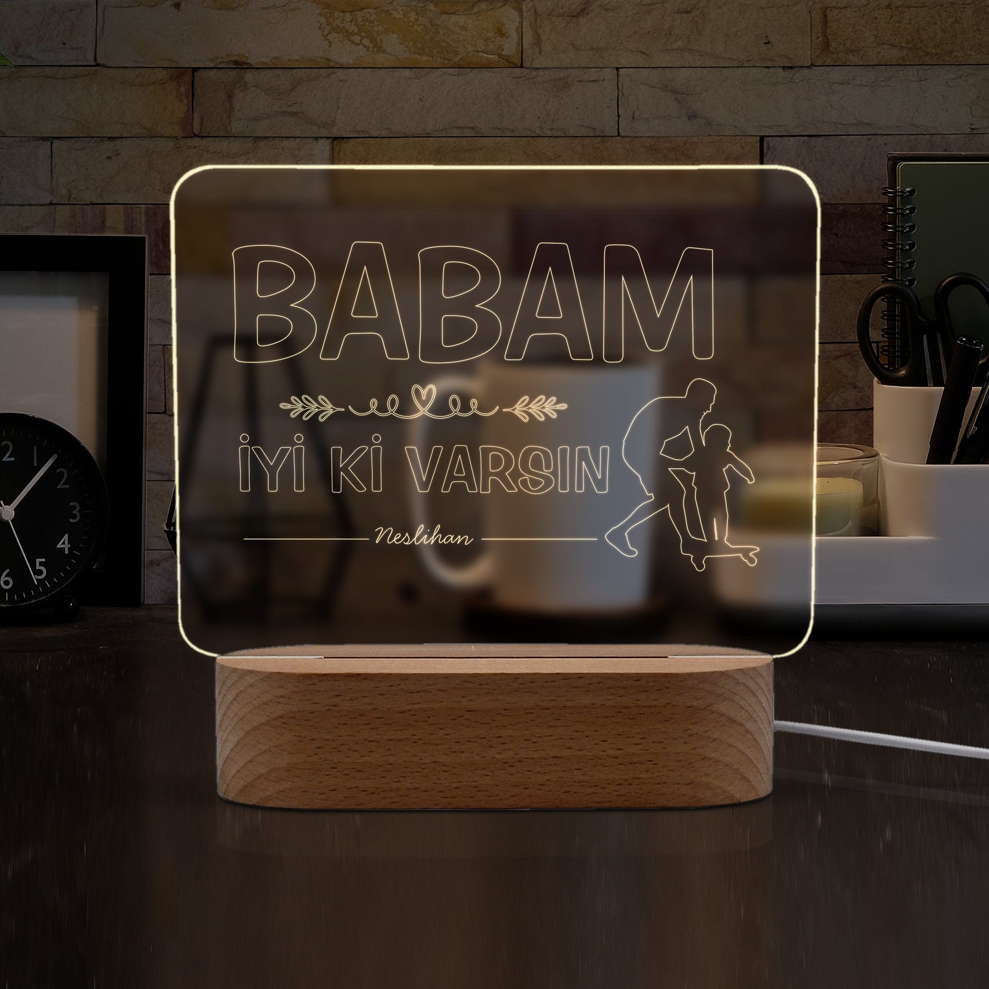 Babalar için Baba ve Çocuk Motifli Ledli Gece Lambası