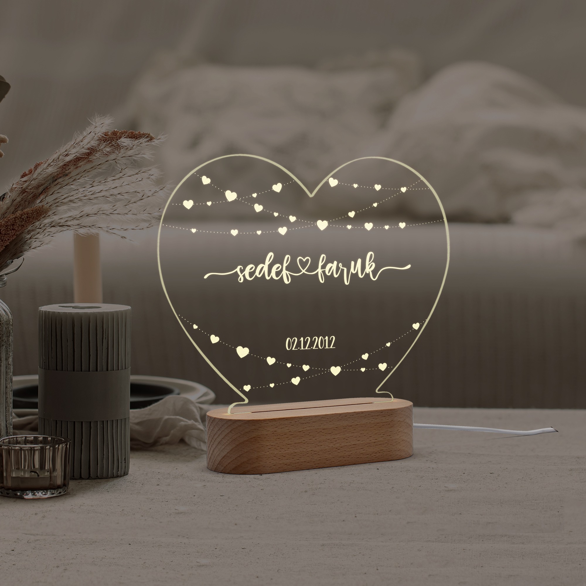  Çiftler için Minik Kalp Motifli Kişiye Özel Ledli Gece Lambası