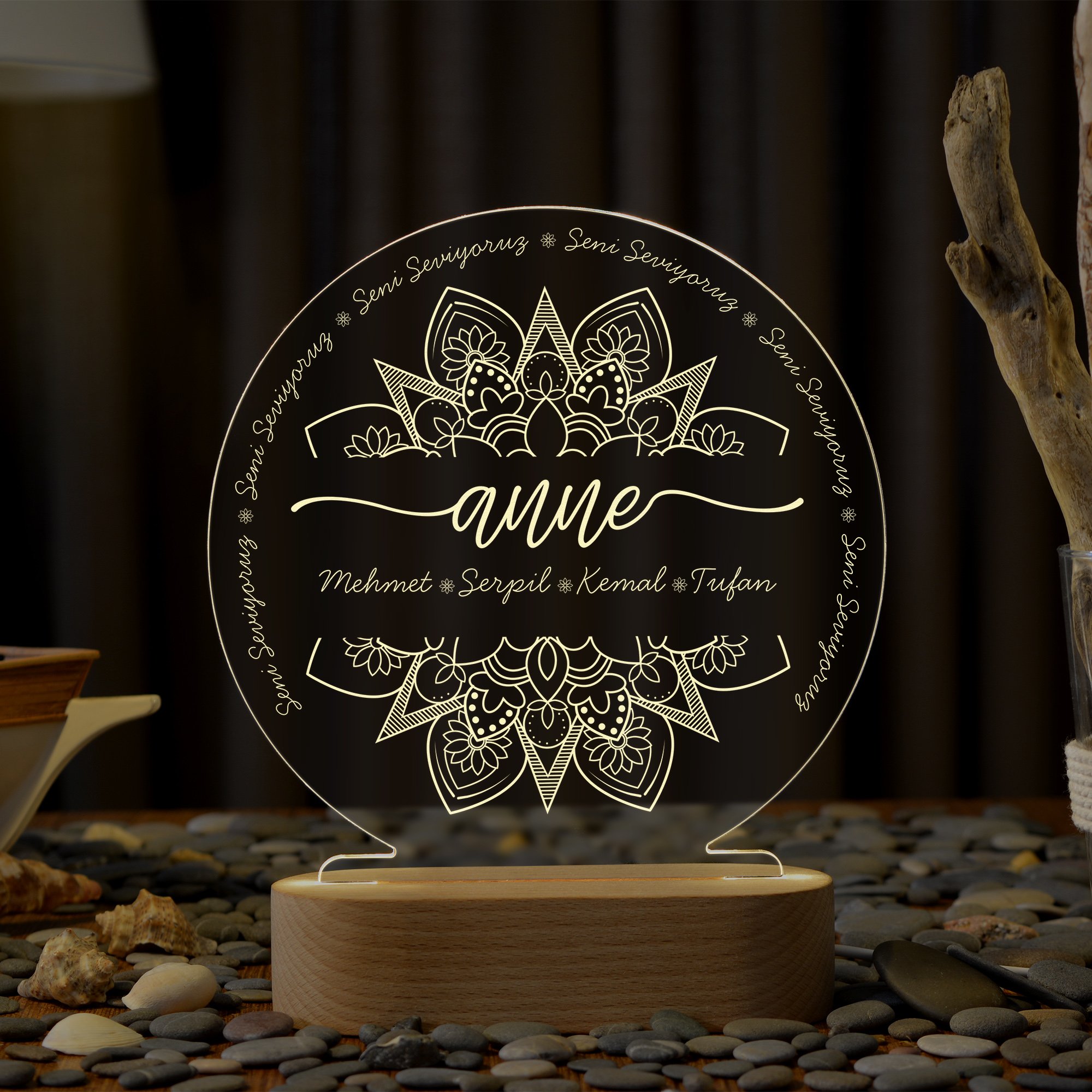 Anneler için Mandala Motifli Kişiye Özel Ledli Gece Lambası