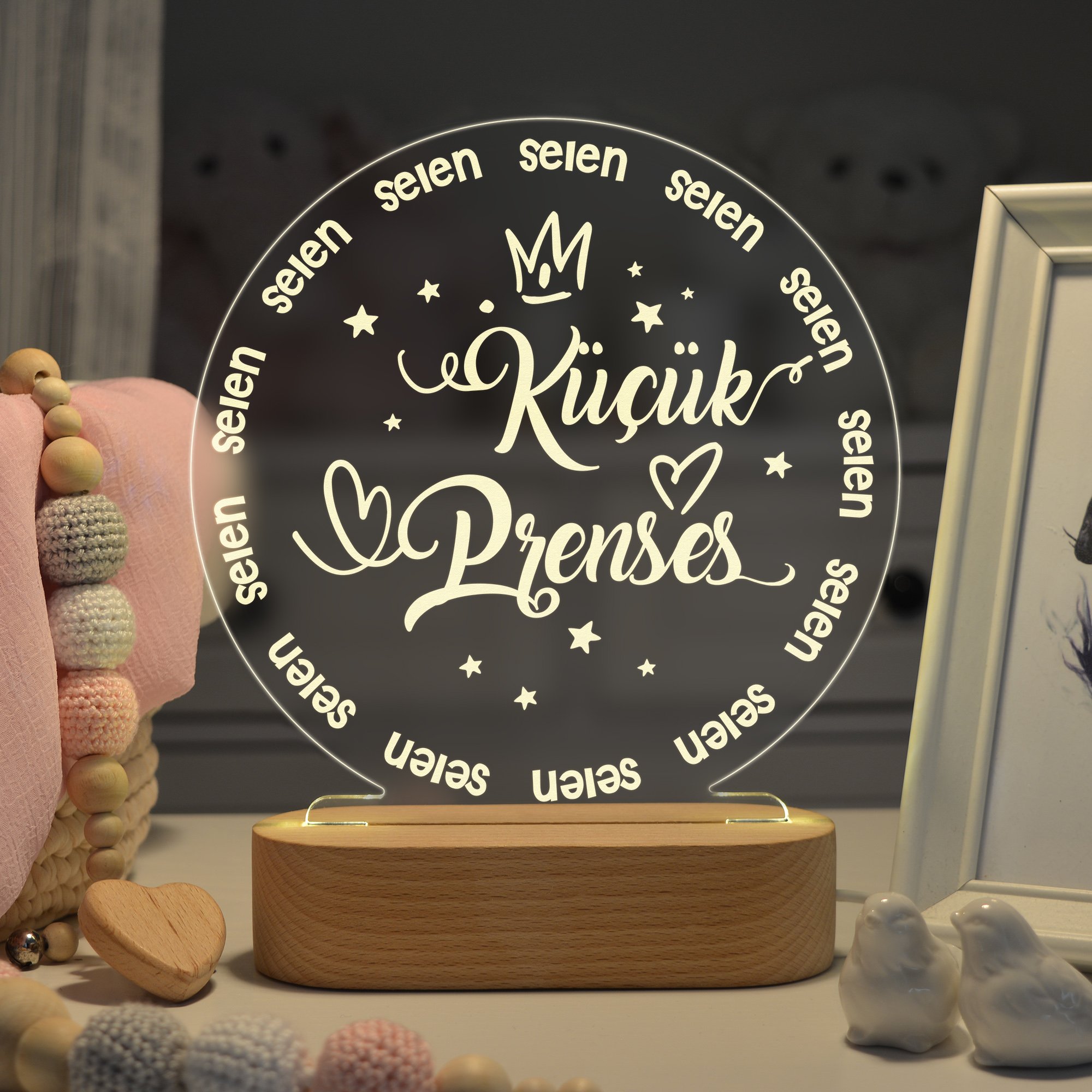 Prenses Yazılı Kız Çocukları için Kişiye Özel Ledli Gece Lambası