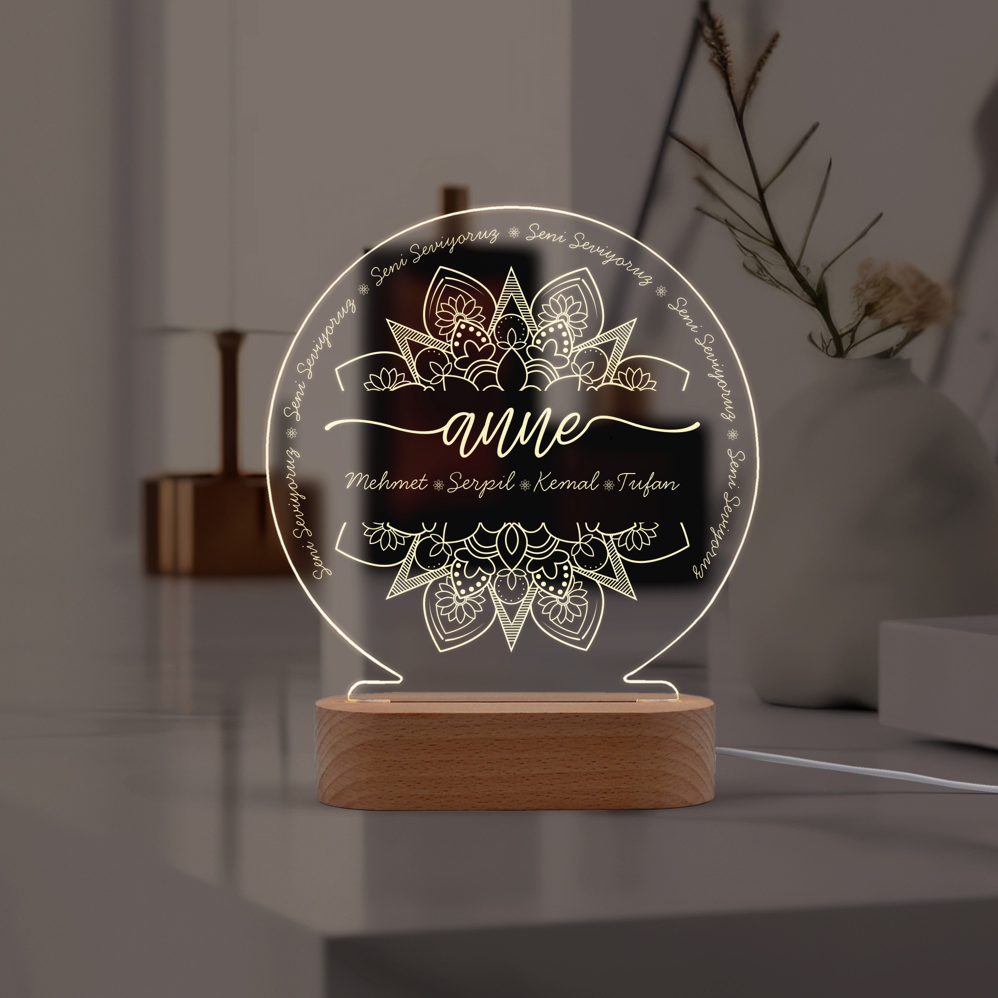 Anneler için Mandala Motifli Kişiye Özel Ledli Gece Lambası