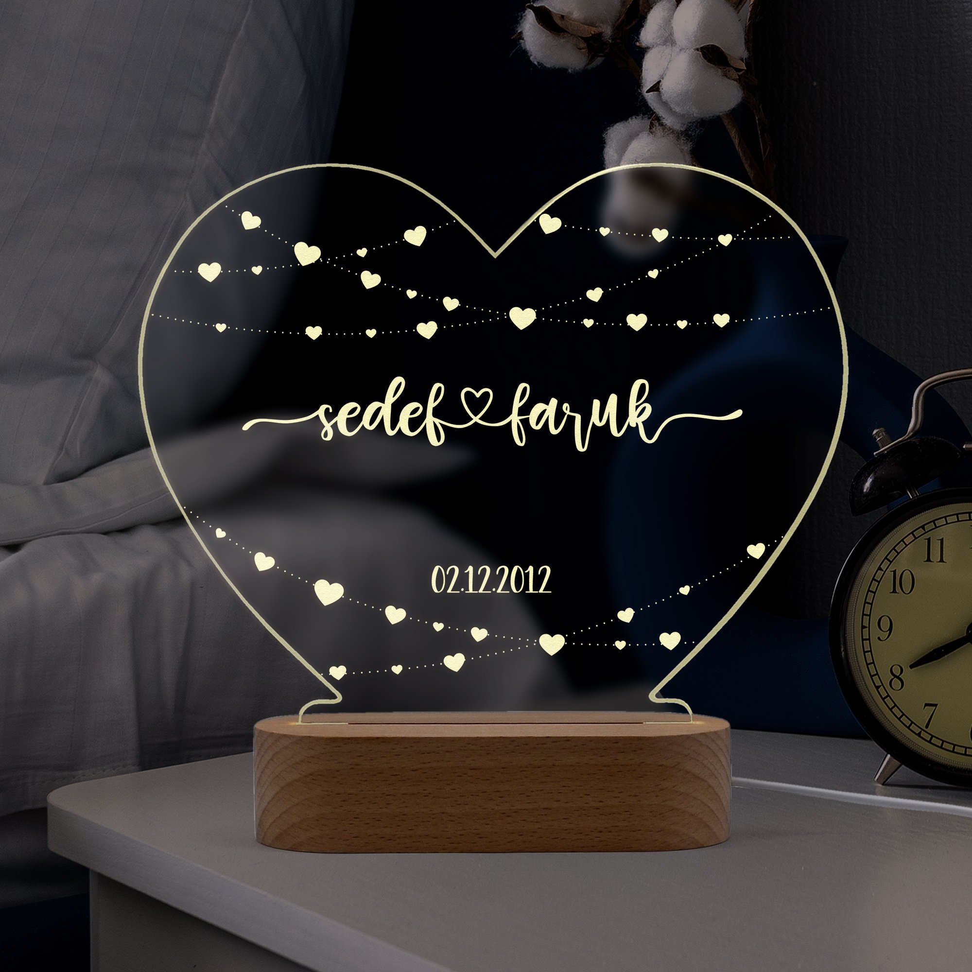  Çiftler için Minik Kalp Motifli Kişiye Özel Ledli Gece Lambası