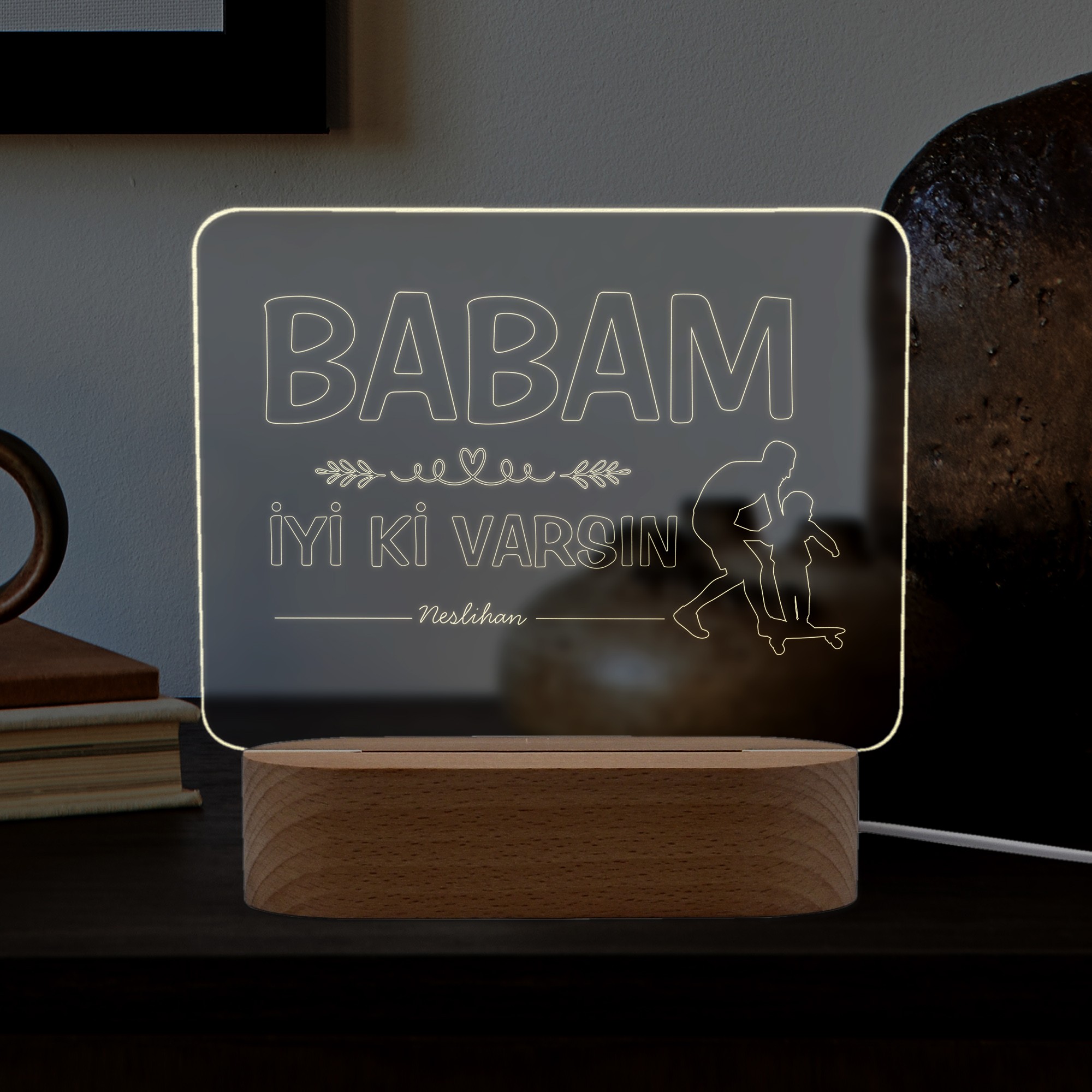 Babalar için Baba ve Çocuk Motifli Ledli Gece Lambası